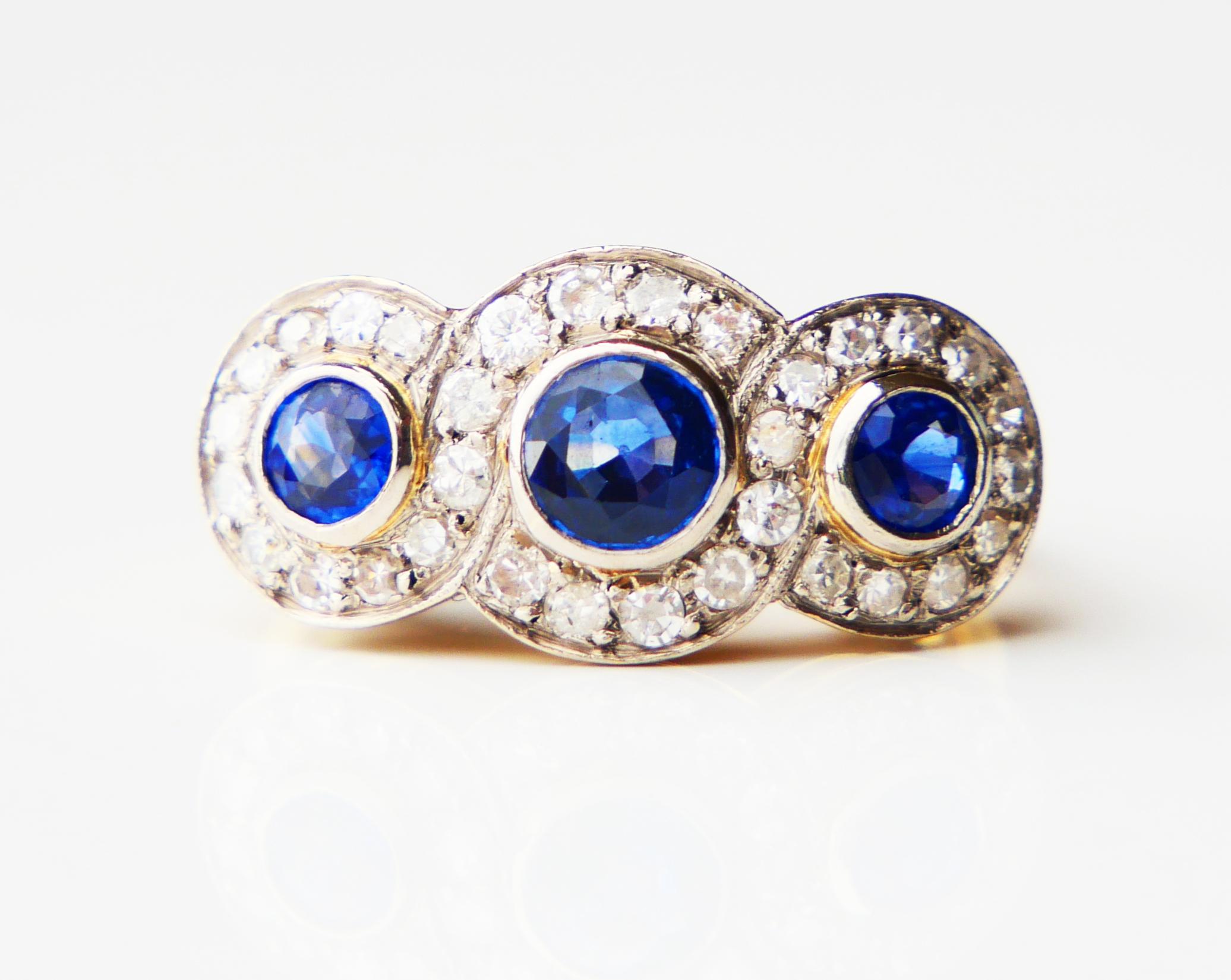 Antique Trinity Halo Ring 1.4 ctw natural Sapphire Diamonds 18K Gold Ø5.5US/4.7g For Sale 3