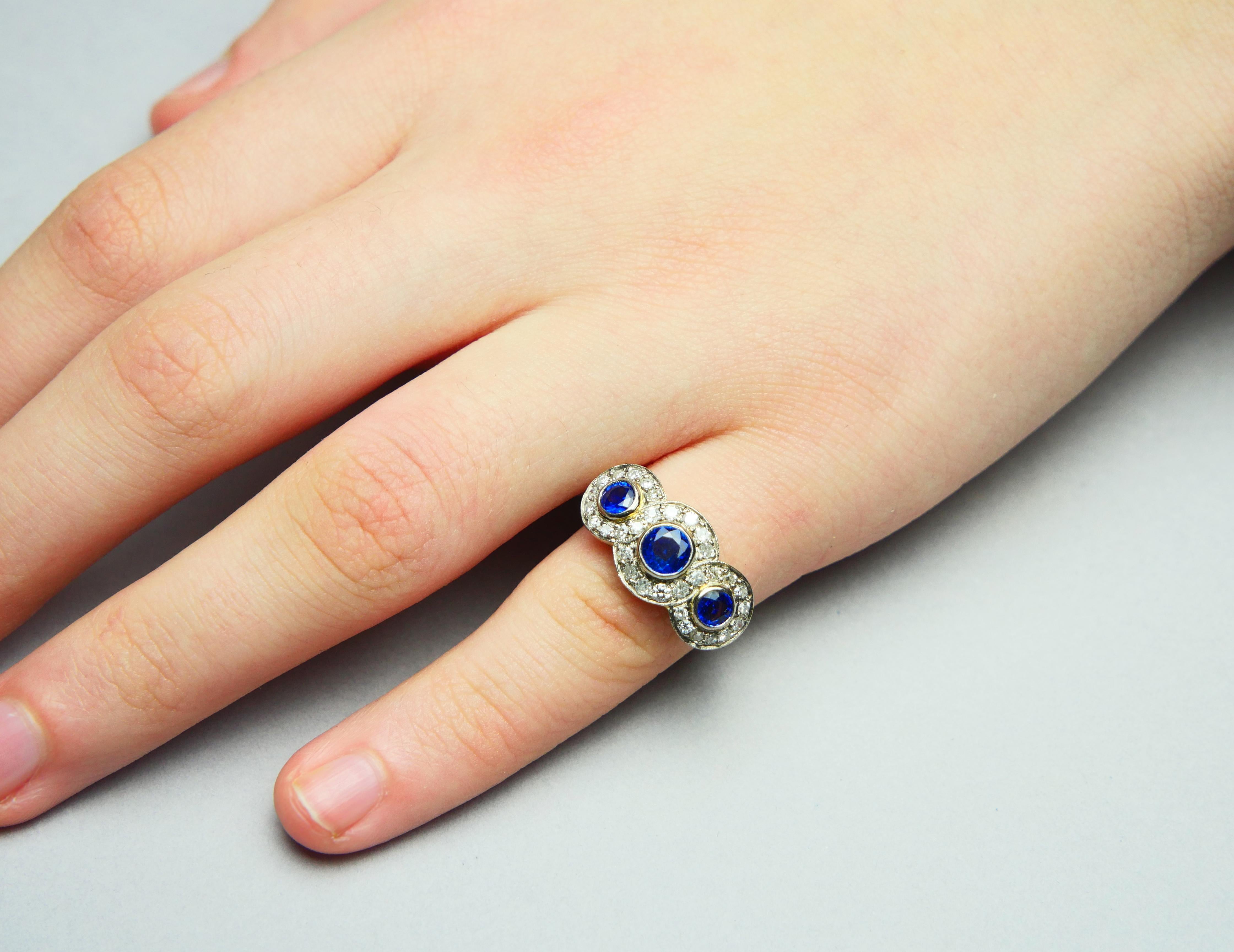 Antique Trinity Halo Ring 1.4 ctw natural Sapphire Diamonds 18K Gold Ø5.5US/4.7g For Sale 4