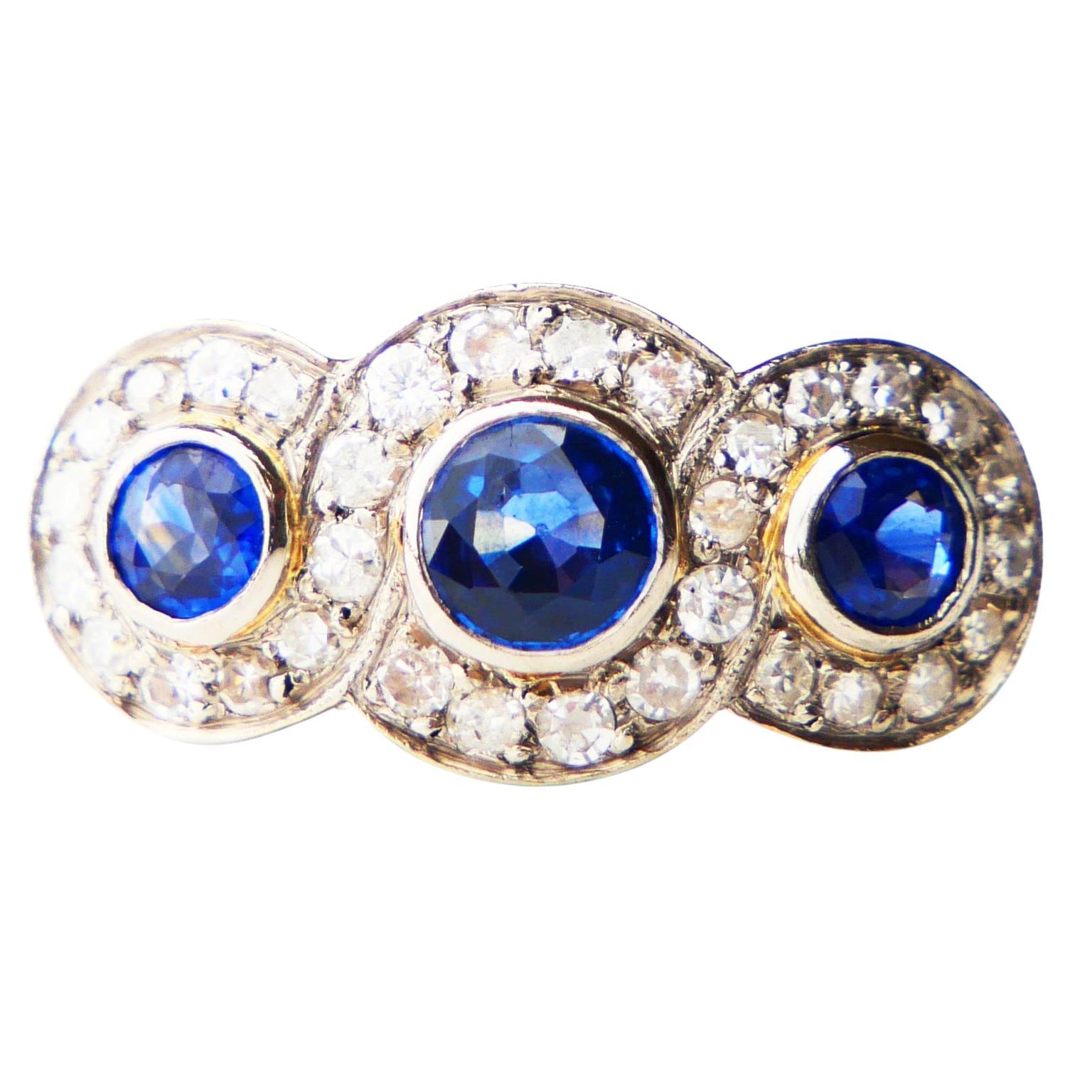Antique Trinity Halo Ring 1.4 ctw natural Sapphire Diamonds 18K Gold Ø5.5US/4.7g For Sale