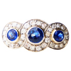 Antique Trinity Halo Ring 1.4 ctw natural Sapphire Diamonds 18K Gold Ø5.5US/4.7g