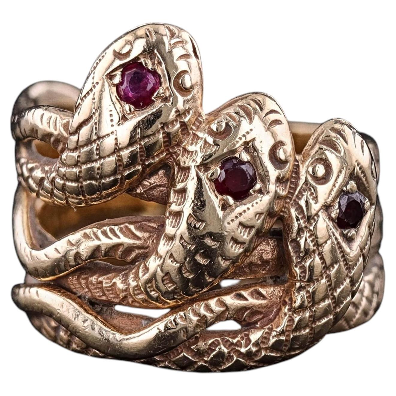 Antique Triple Snake Ring of Ruby and 14k Gold, Circa 1910