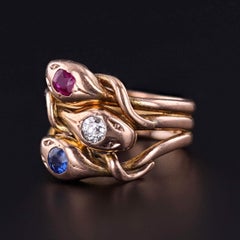 Antique Triple Snake Ring with Ruby, Diamond, and Sapphire in 15ct Gold