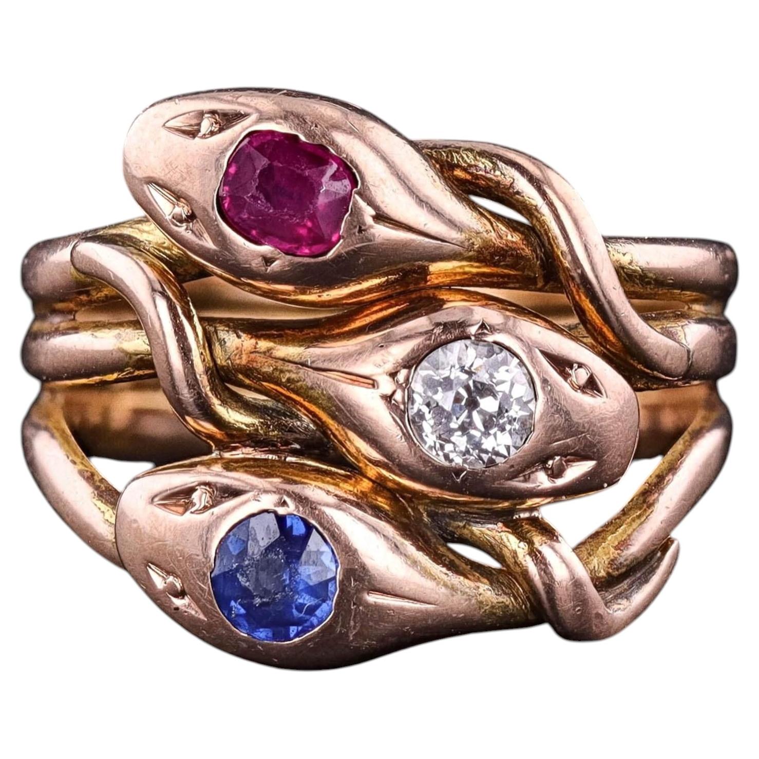Antique Triple Snake Ring with Ruby, Diamond, and Sapphire in 15ct Gold For Sale