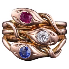 Antique Triple Snake Ring with Ruby, Diamond, and Sapphire in 15ct Gold