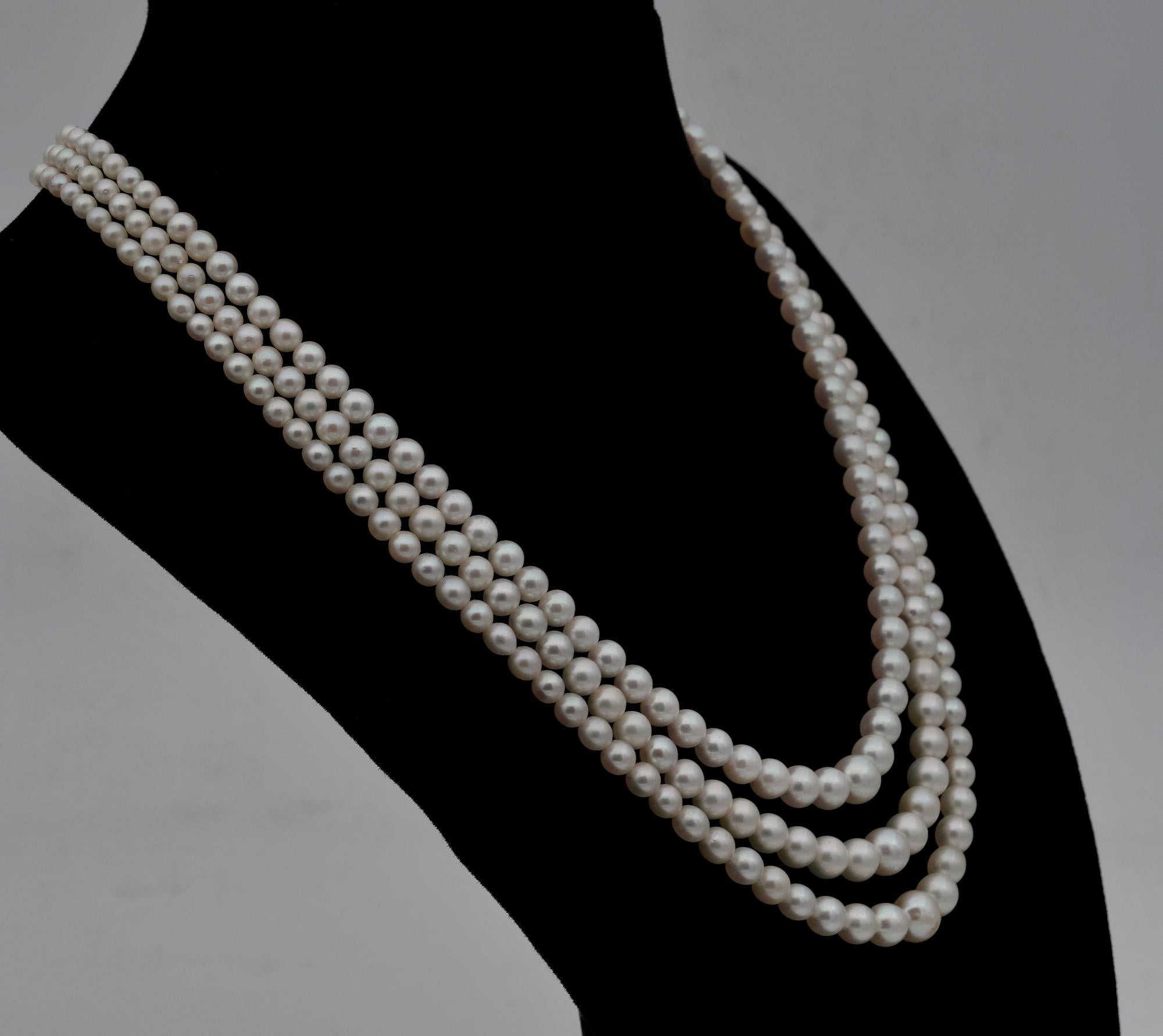 Art Deco Antique Triple Strand Cultured Pearls Rose Cut Diamond Clasp For Sale