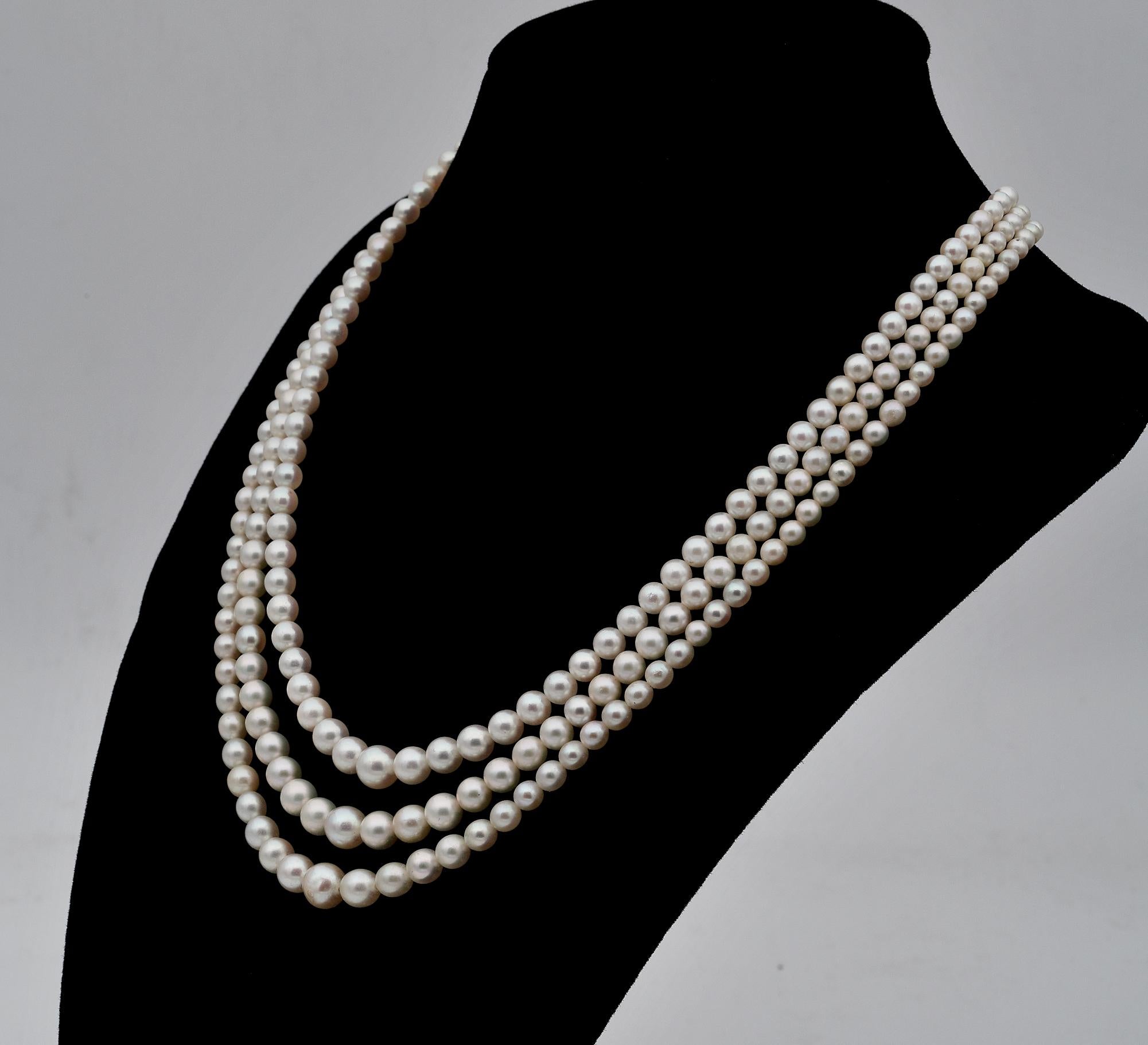 Women's Antique Triple Strand Cultured Pearls Rose Cut Diamond Clasp For Sale