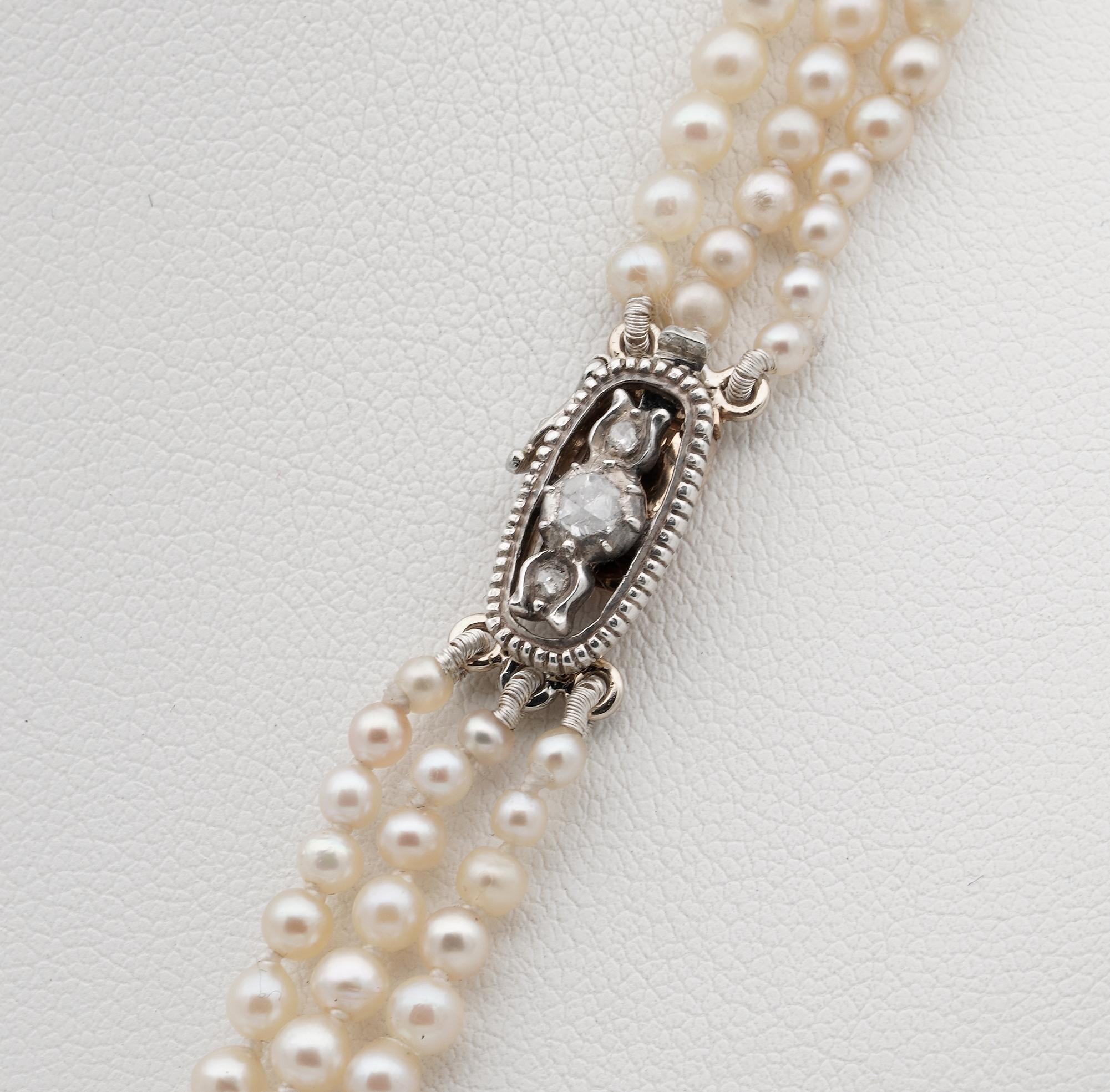 Antique Triple Strand Cultured Pearls Rose Cut Diamond Clasp For Sale 1