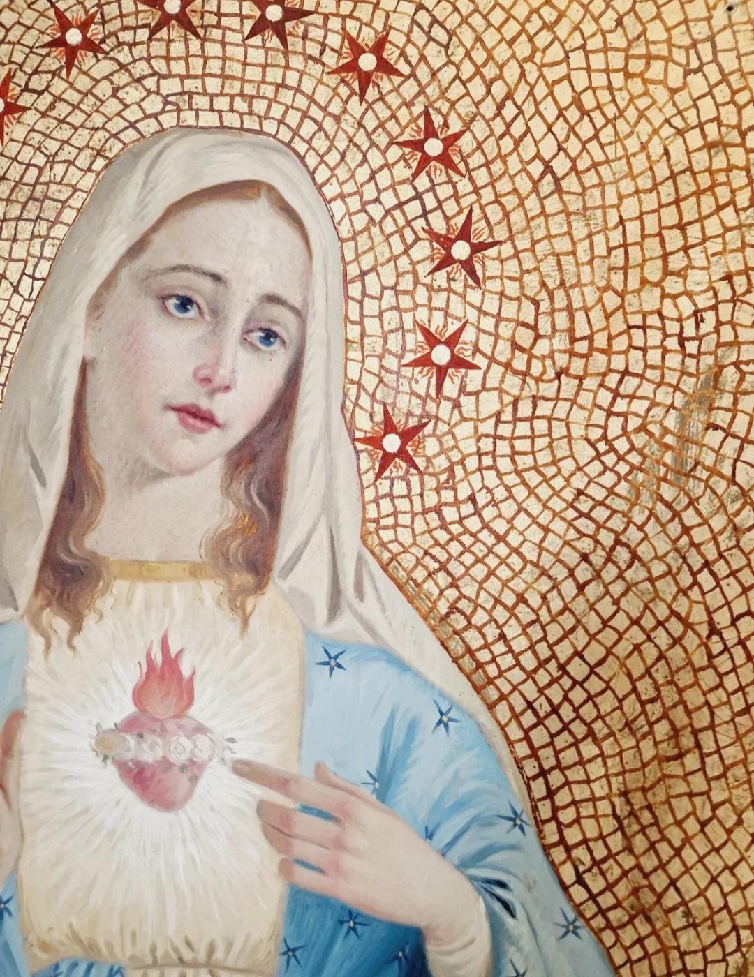 Antiguo tríptico de grandes óleos religiosos Pintado a mano en venta