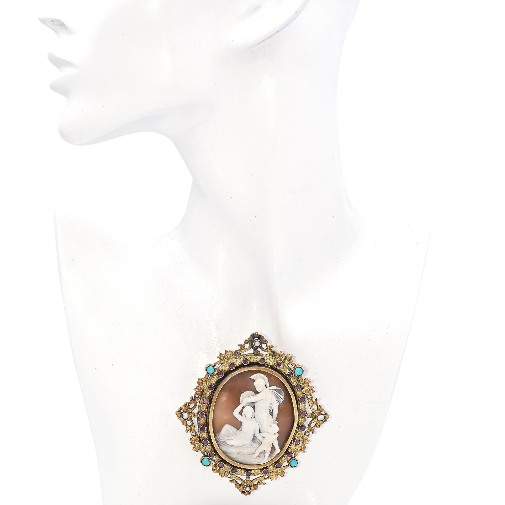 This antique brooch is a breathtaking testament to the artistry and emotional depth of Victorian jewelry. At its heart lies an intricately carved cameo, depicting a poignant scene of a wife and child begging a warrior not to leave for the Trojan
