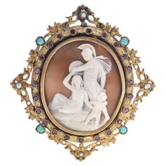 Antique Trojan War Scene Cameo Brooch in Gilt Silver