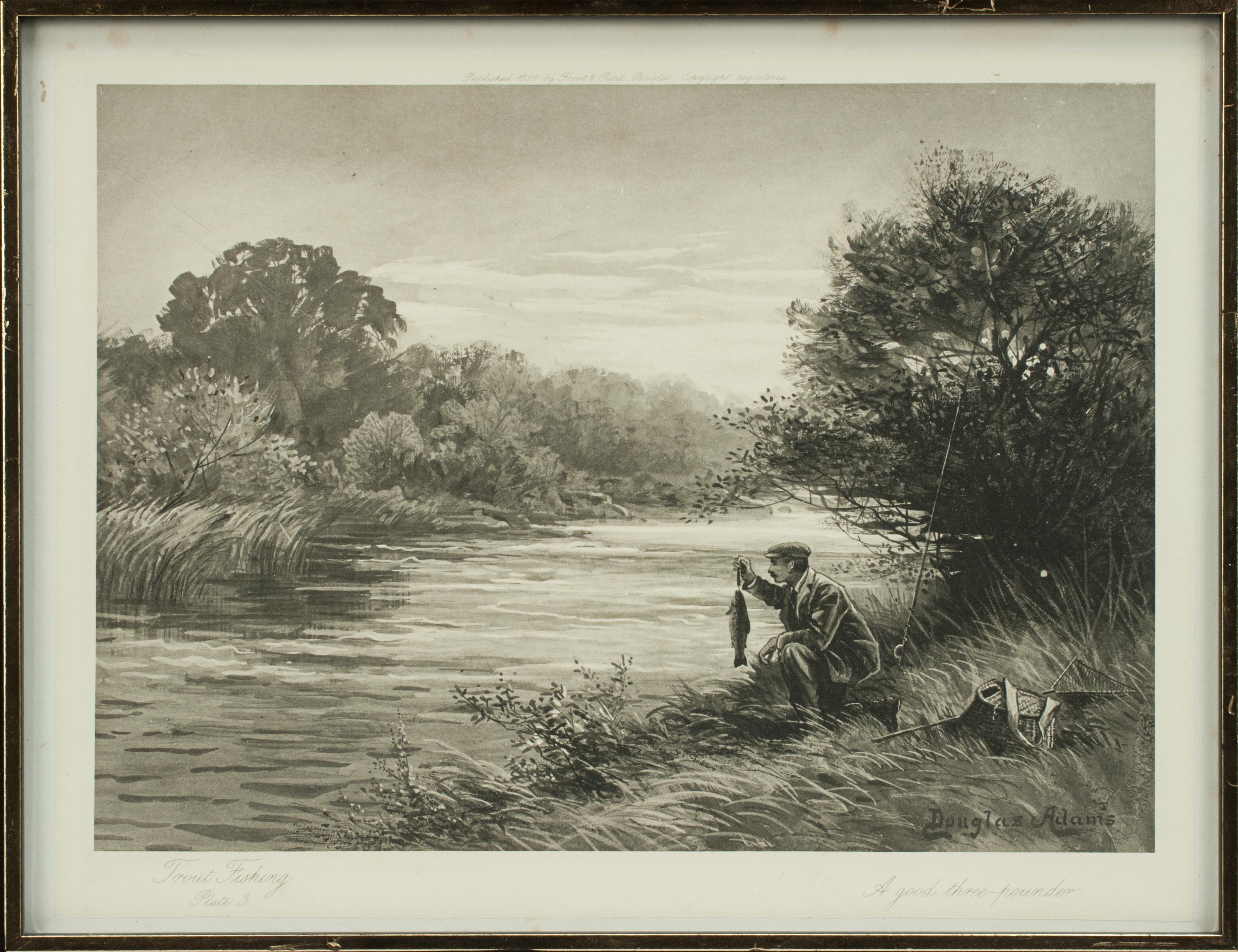 British Antique Trout Fishing Prints, Set of Three Photogravures.