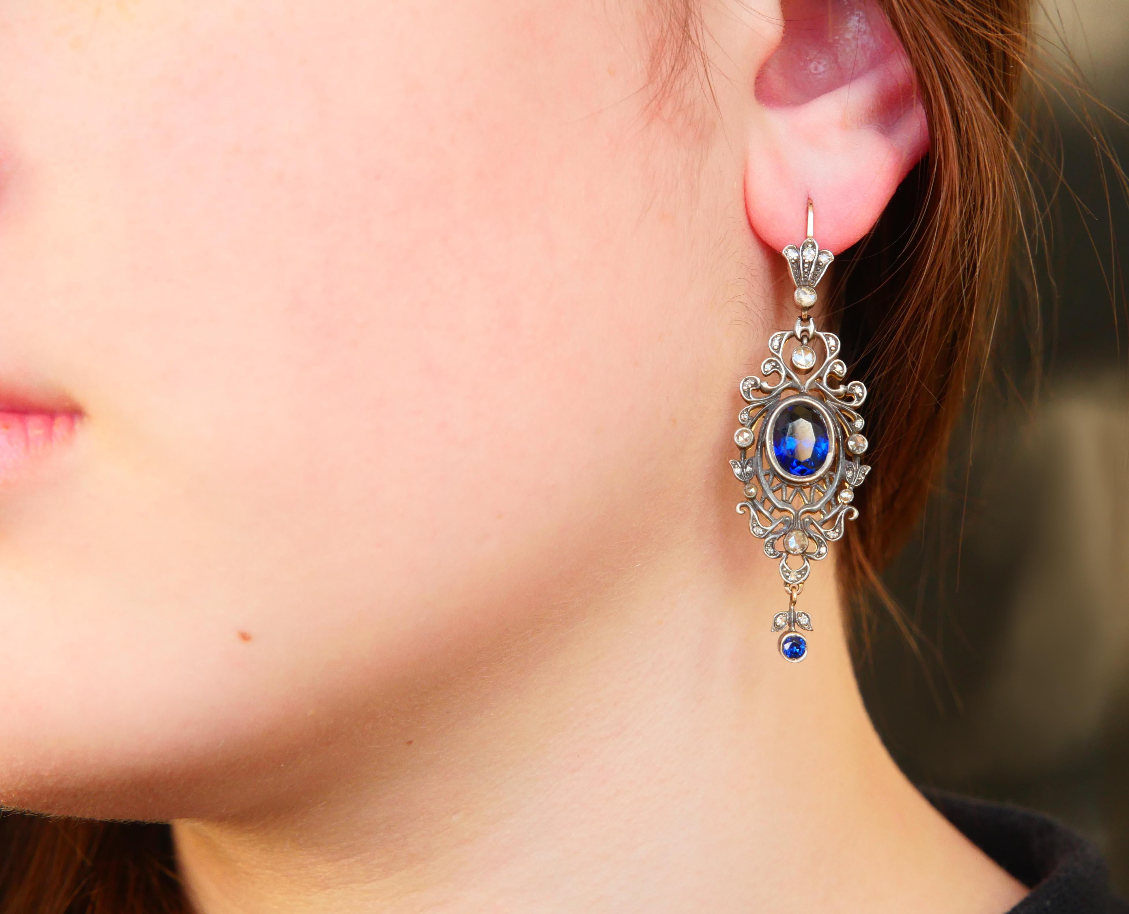 Antique Tsarist  Dangle Earrings Sapphires Diamonds  56 / 14K Gold Silver/ 12gr For Sale 1