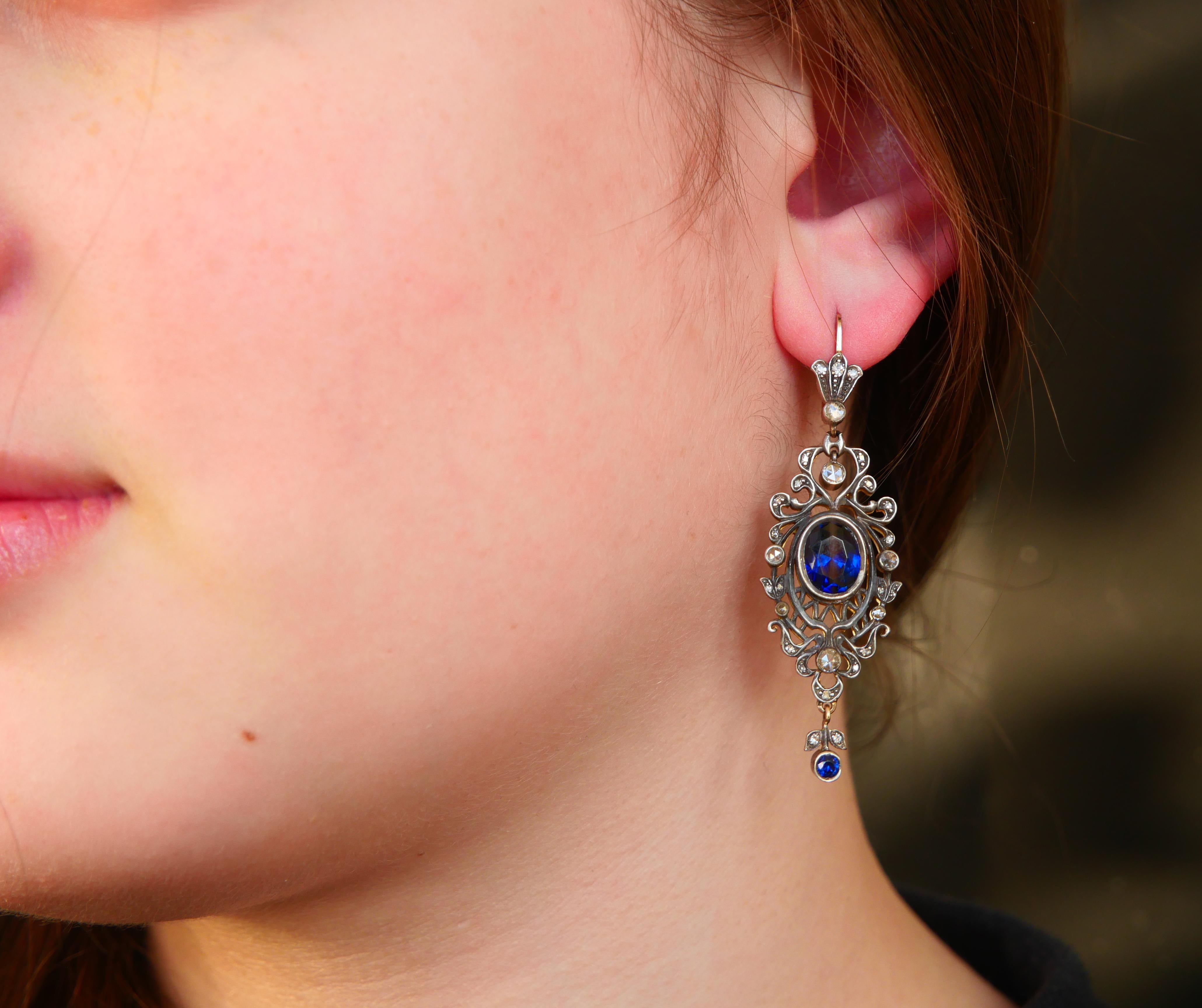 Antique Tsarist  Dangle Earrings Sapphires Diamonds  56 / 14K Gold Silver/ 12gr For Sale 2