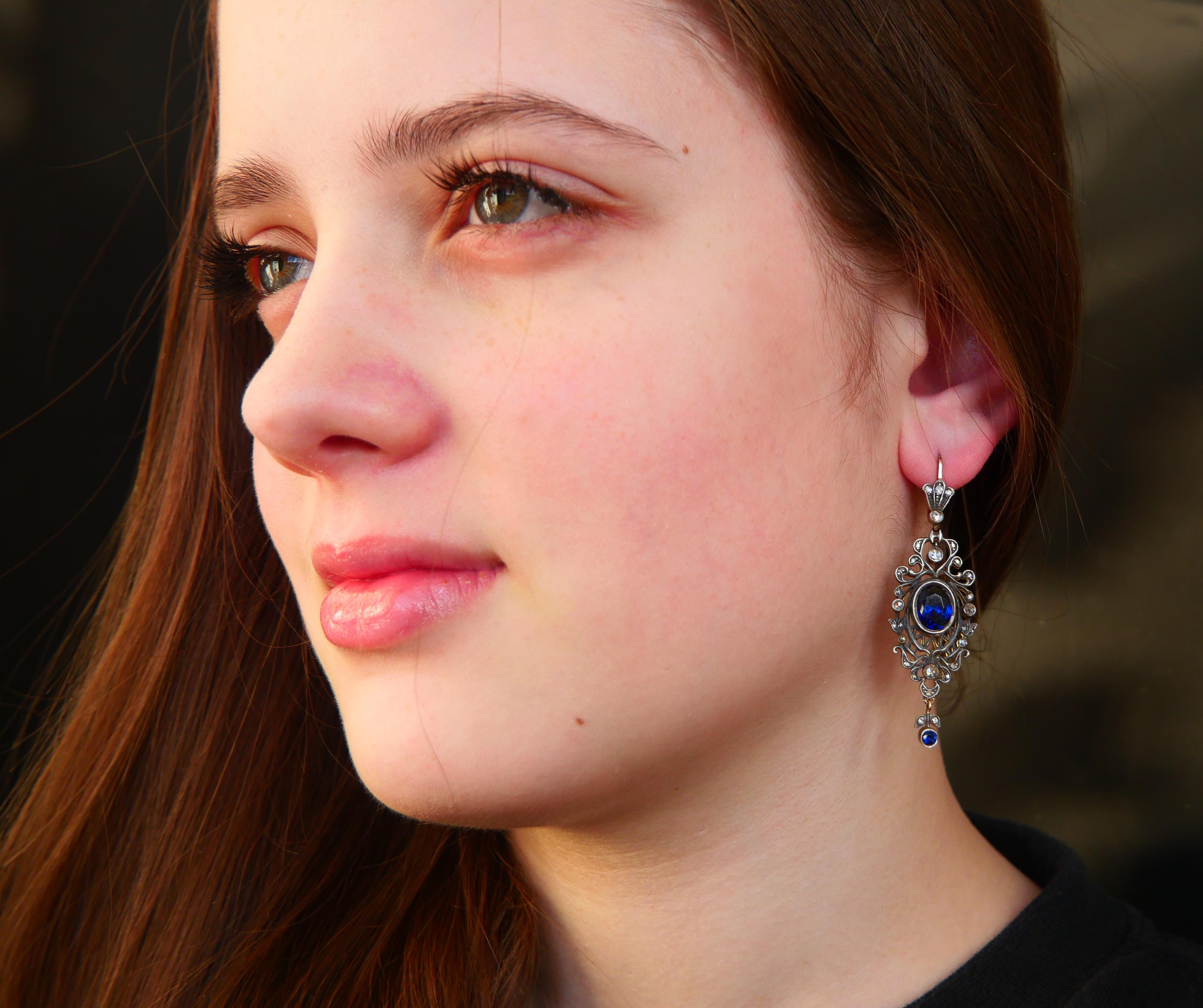 Antique Tsarist  Dangle Earrings Sapphires Diamonds  56 / 14K Gold Silver/ 12gr For Sale 3