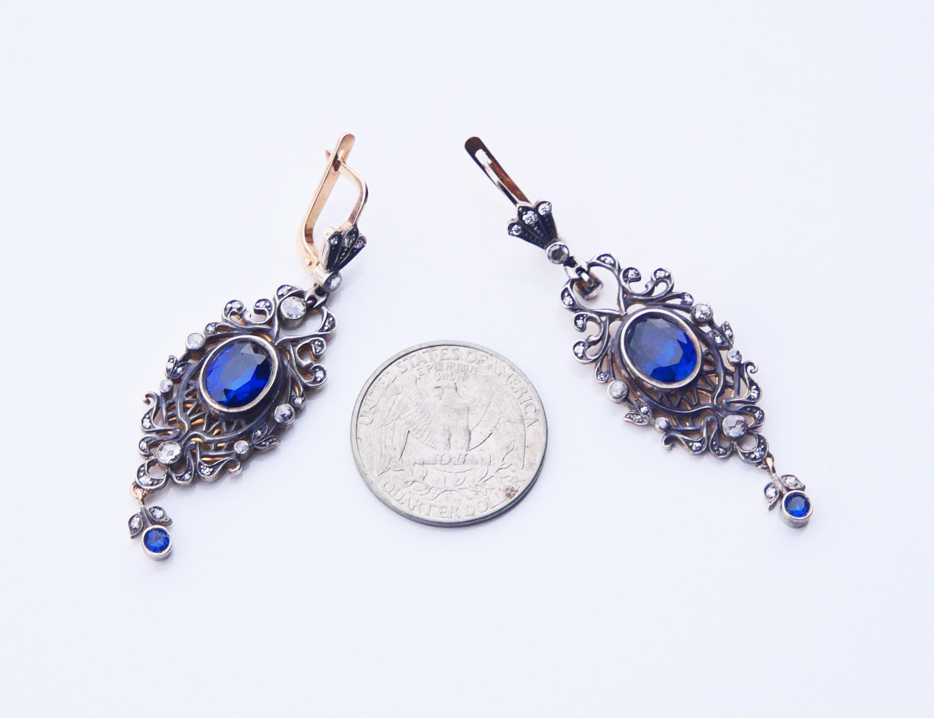 Antique Tsarist  Dangle Earrings Sapphires Diamonds  56 / 14K Gold Silver/ 12gr For Sale 10