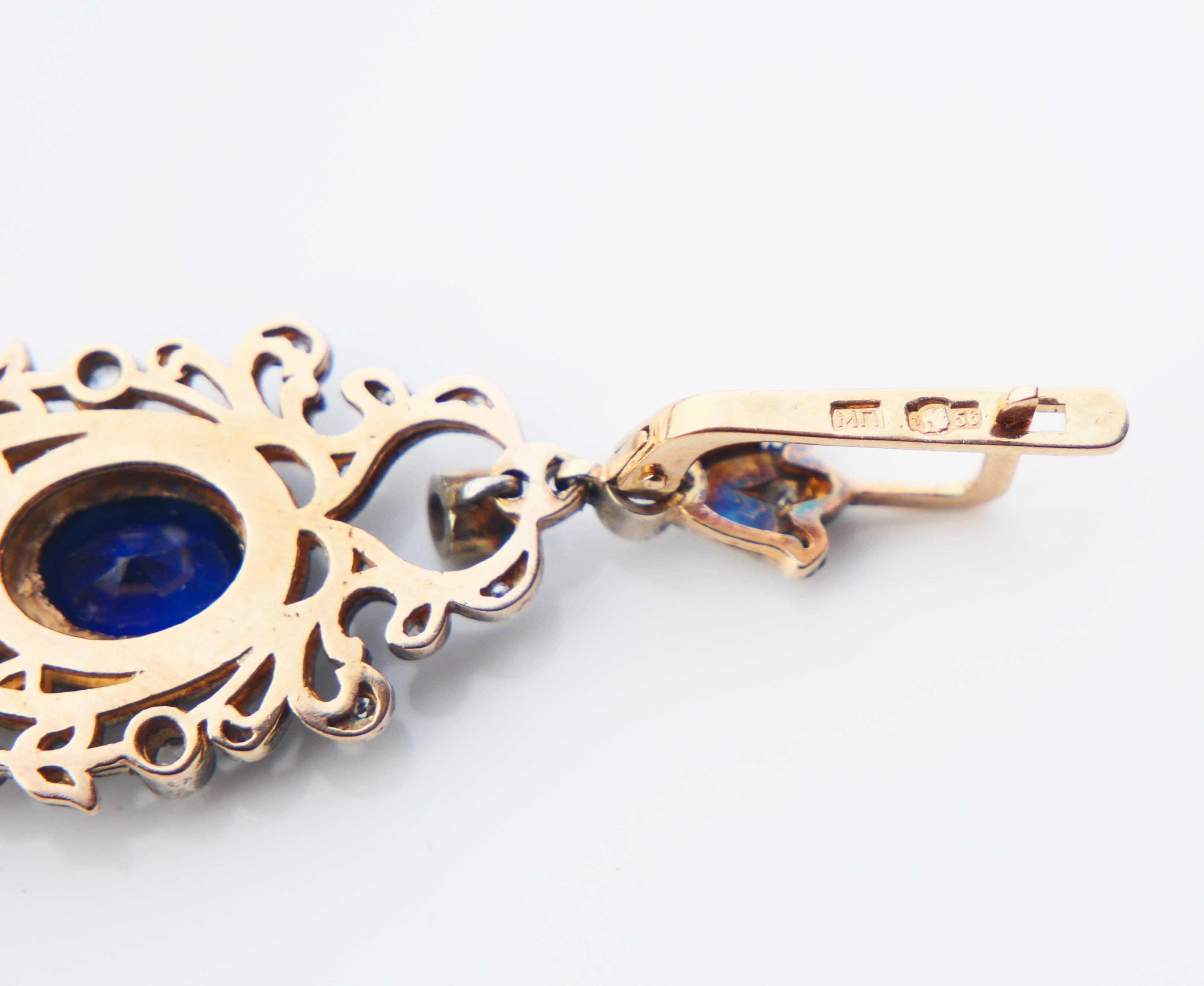 Antique Tsarist  Dangle Earrings Sapphires Diamonds  56 / 14K Gold Silver/ 12gr For Sale 11