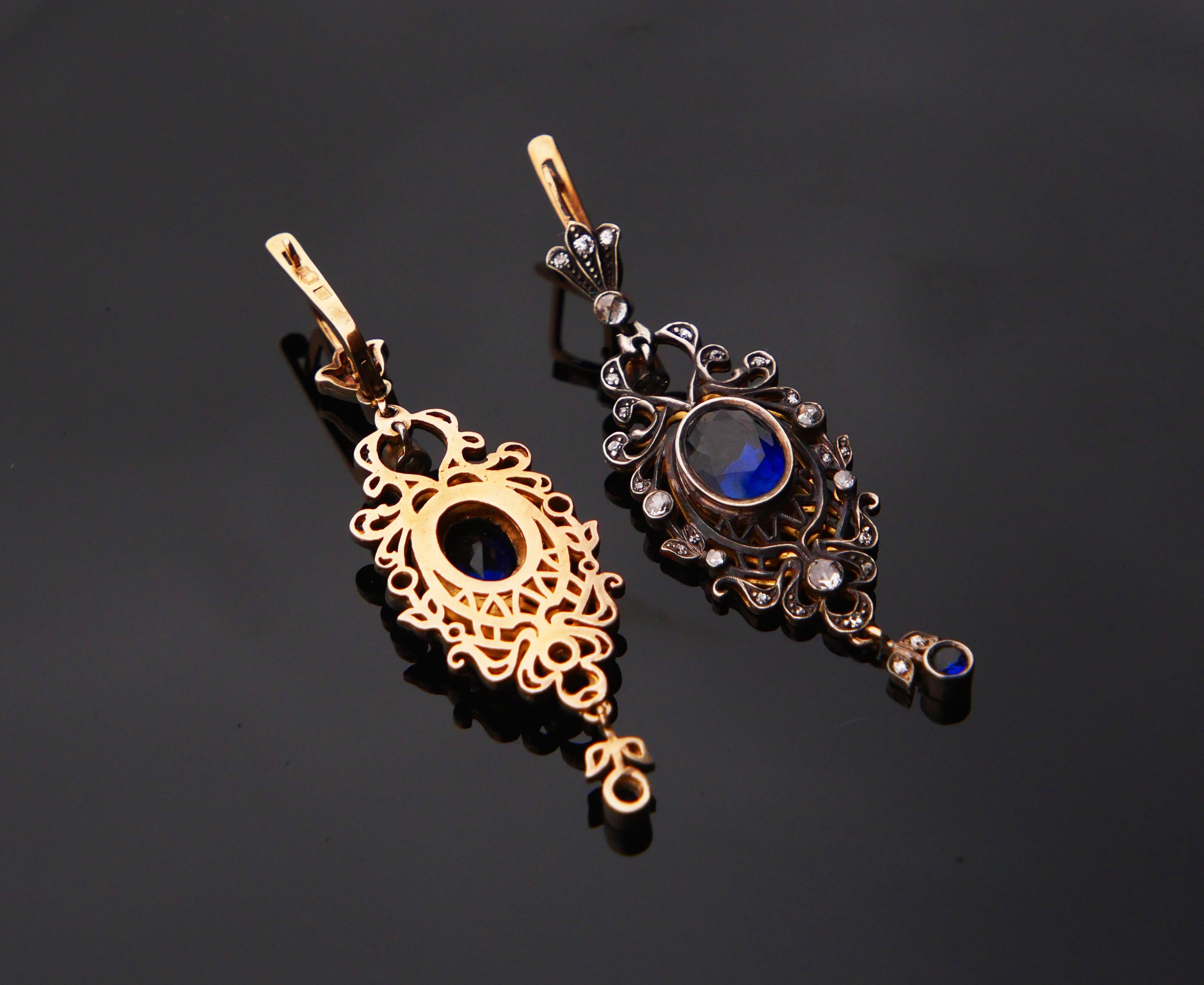 Art Nouveau Antique Tsarist  Dangle Earrings Sapphires Diamonds  56 / 14K Gold Silver/ 12gr For Sale