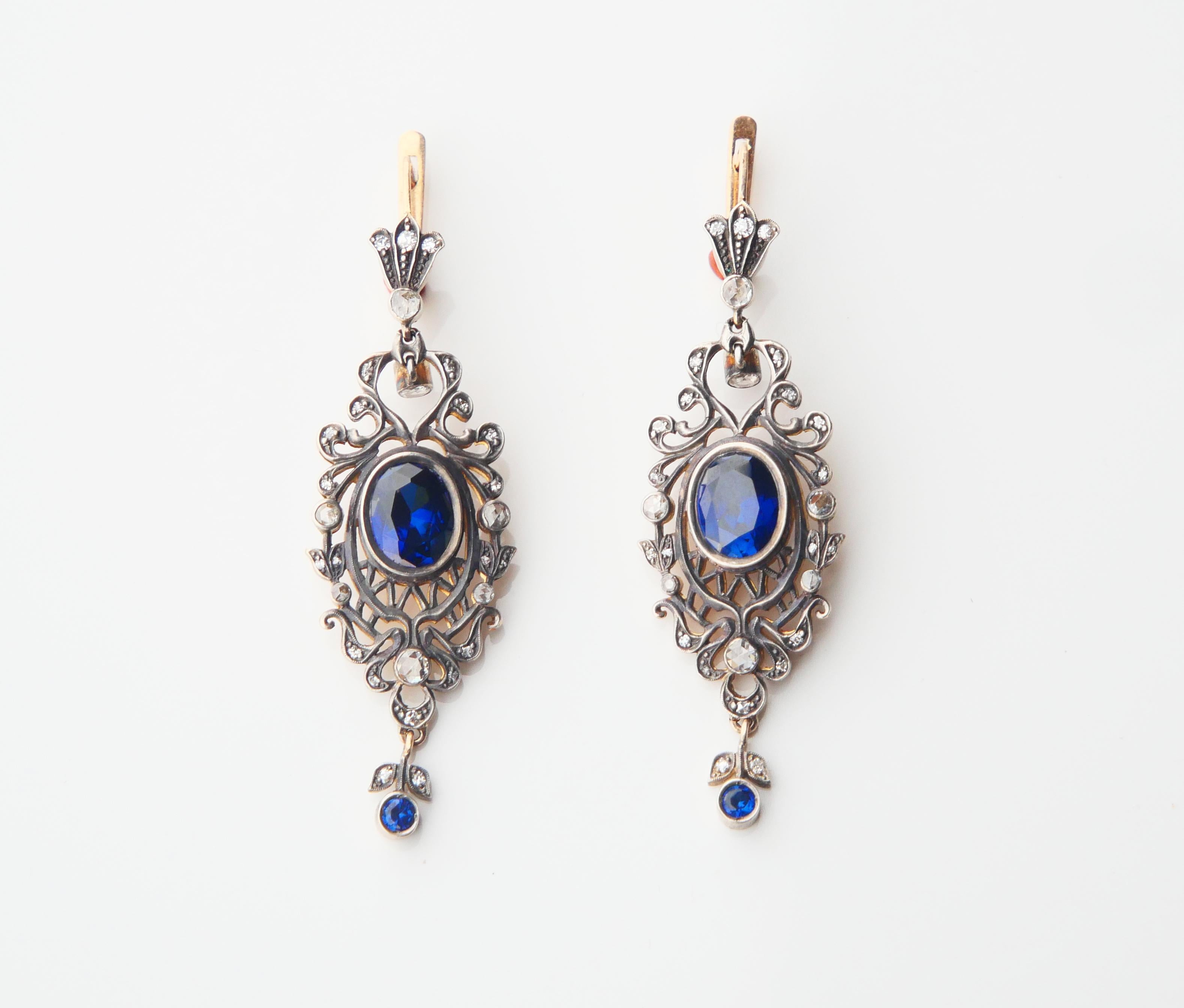 Oval Cut Antique Tsarist  Dangle Earrings Sapphires Diamonds  56 / 14K Gold Silver/ 12gr For Sale