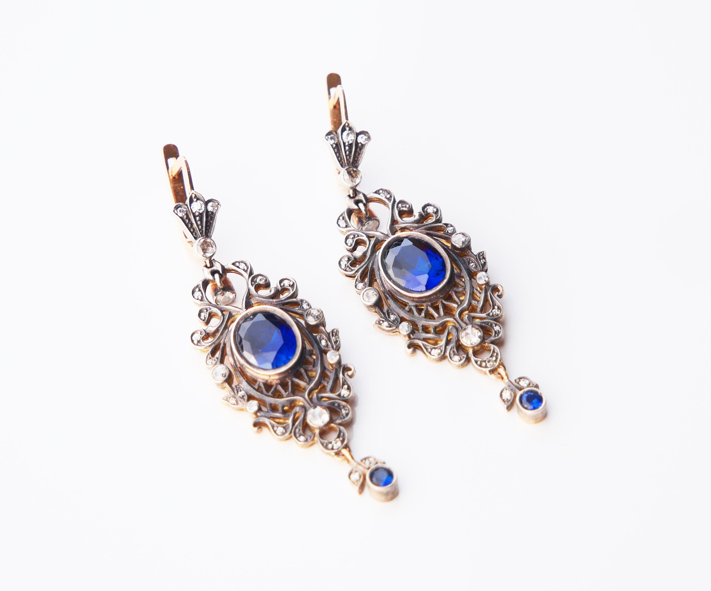 Antique Tsarist  Dangle Earrings Sapphires Diamonds  56 / 14K Gold Silver/ 12gr For Sale 4