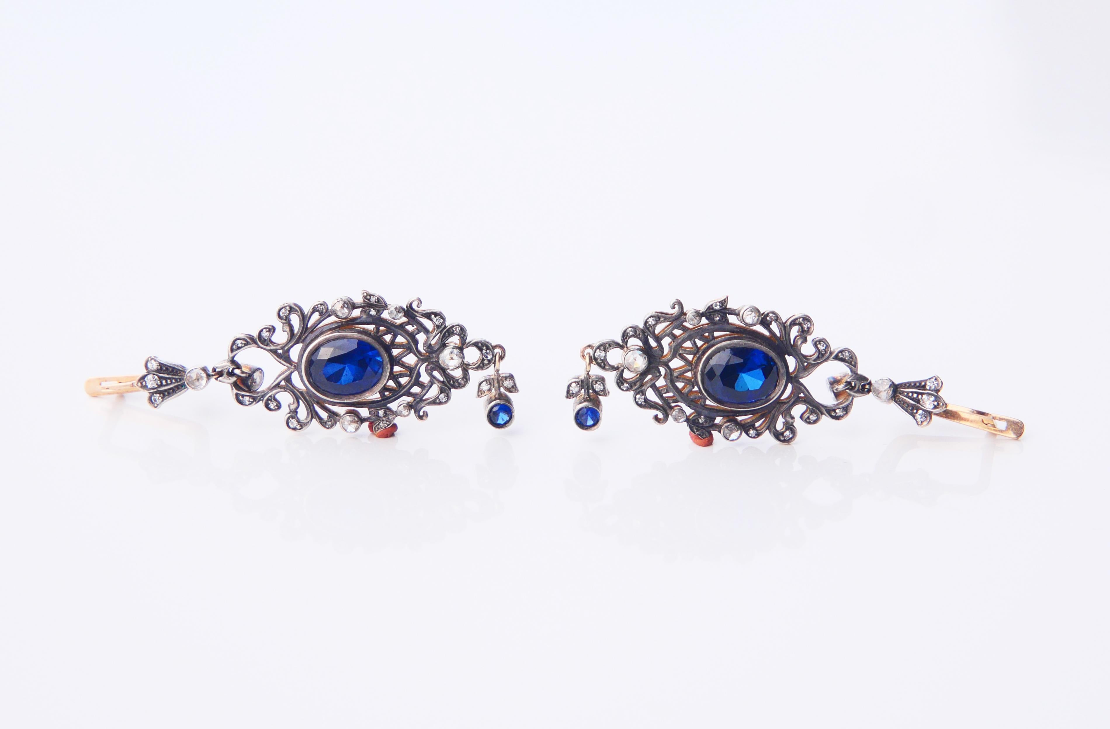 Antique Tsarist  Dangle Earrings Sapphires Diamonds  56 / 14K Gold Silver/ 12gr For Sale 5