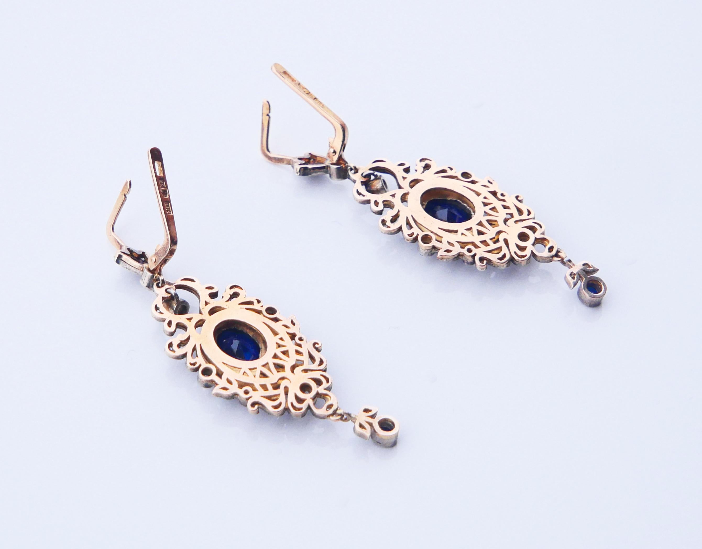 Antique Tsarist  Dangle Earrings Sapphires Diamonds  56 / 14K Gold Silver/ 12gr For Sale 7