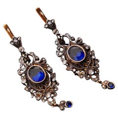 Antiquities Tsarist  Boucles d'oreilles pendantes Saphirs Diamants  56 / 14K or argent/ 12gr