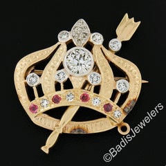 Antique TT Gold Diamond & Ruby Detailed Crown w/ Sceptre Pin Brooch Pendant
