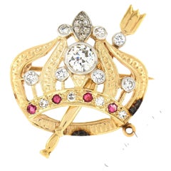 Antique TT Gold Diamond & Ruby Detailed Crown w/ Sceptre Pin Brooch Pendant