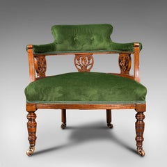 Fauteuil de bain ancien anglais, velours, acajou, accoudoir, assise, style édouardien, vers 1910