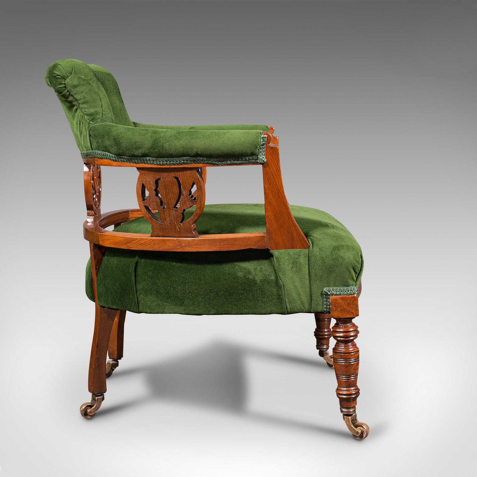 British Antique Tub Chair, English, Velvet, Mahogany, Elbow, Seat, Edwardian, Circa 1910