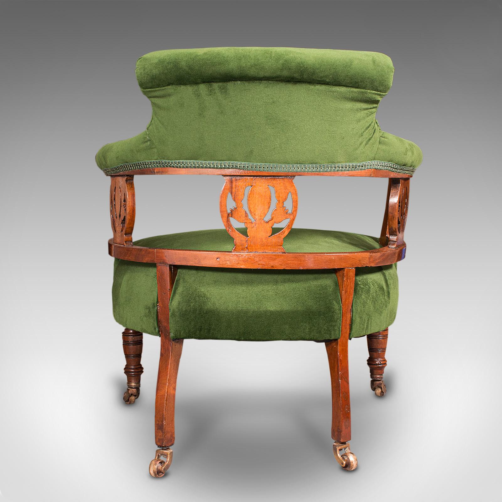 20th Century Antique Tub Chair, English, Velvet, Mahogany, Elbow, Seat, Edwardian, Circa 1910