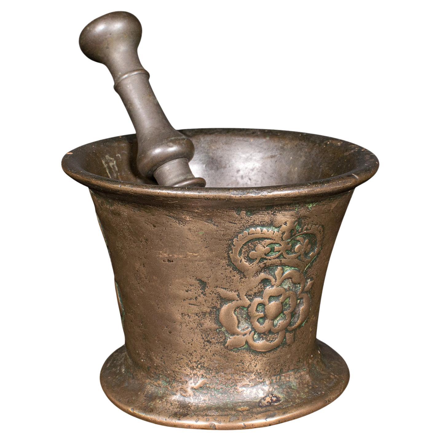 Antique Tudor Rose Mortar And Pestle, English, Bronze, Apothecary, 17th Century For Sale