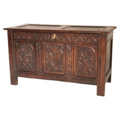 Antique Tudor Style Carved Oak Trunk