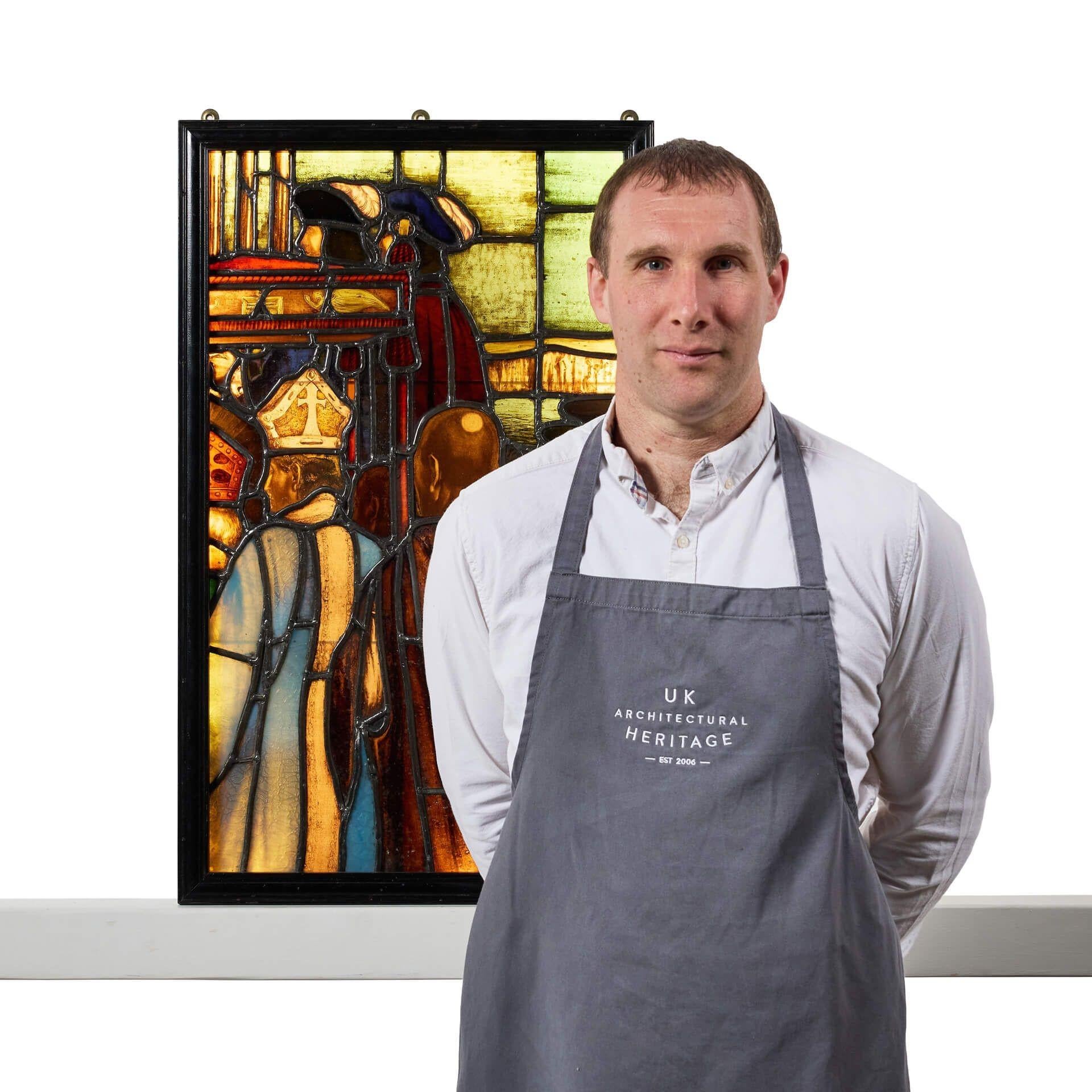 An antique Tudor style stained glass panel attributed to Williams, Gamon & Co dating to circa 1900. Burtonwood Brewery, Warrington. 

The scene depicts a Pre-Raphaelite style and secular image, possibly depicting the Field of the Cloth of Gold where