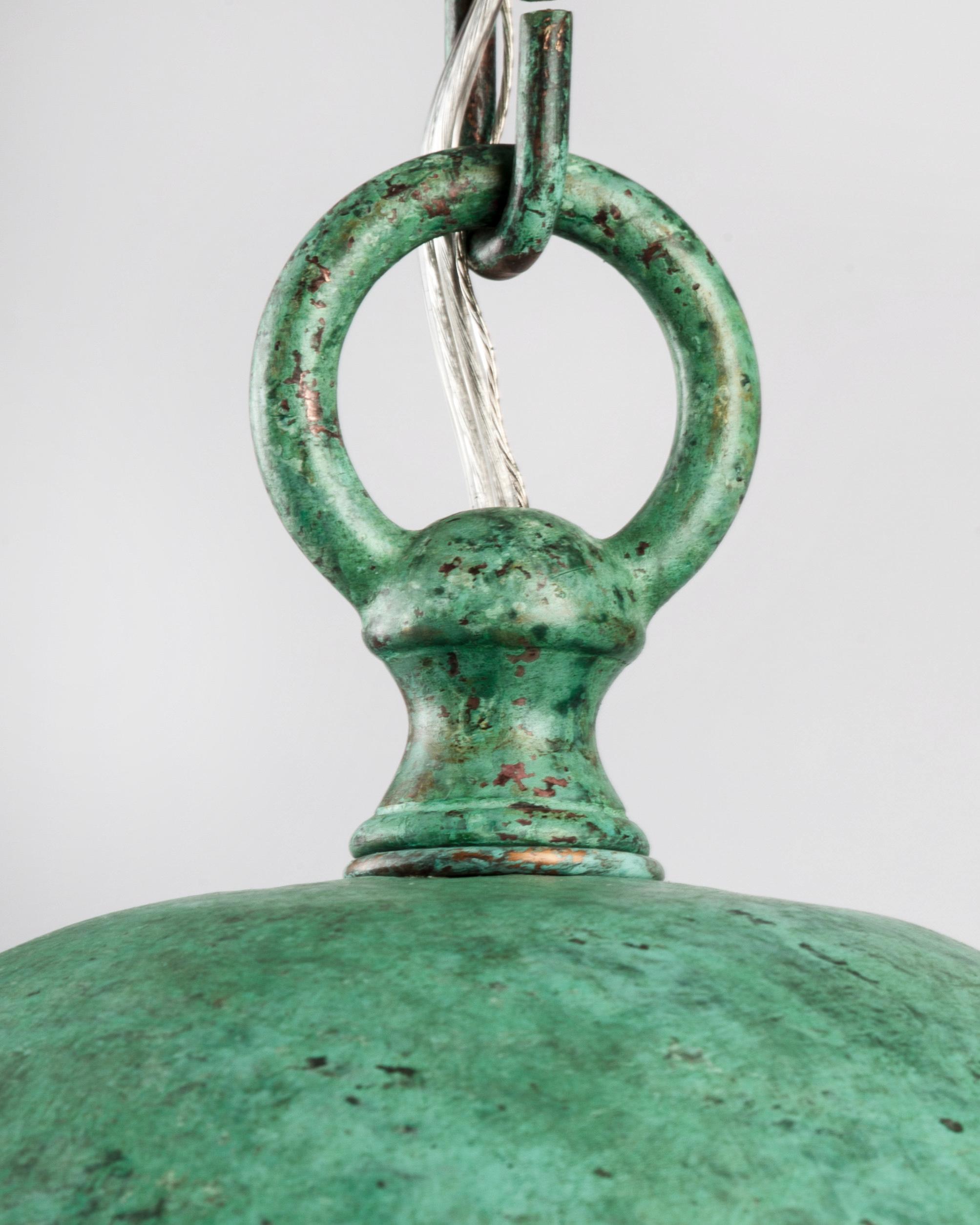 Mid-20th Century Gothic Style Verdigris Copper Lantern with Clear Seeded Glass, Circa 1930s For Sale