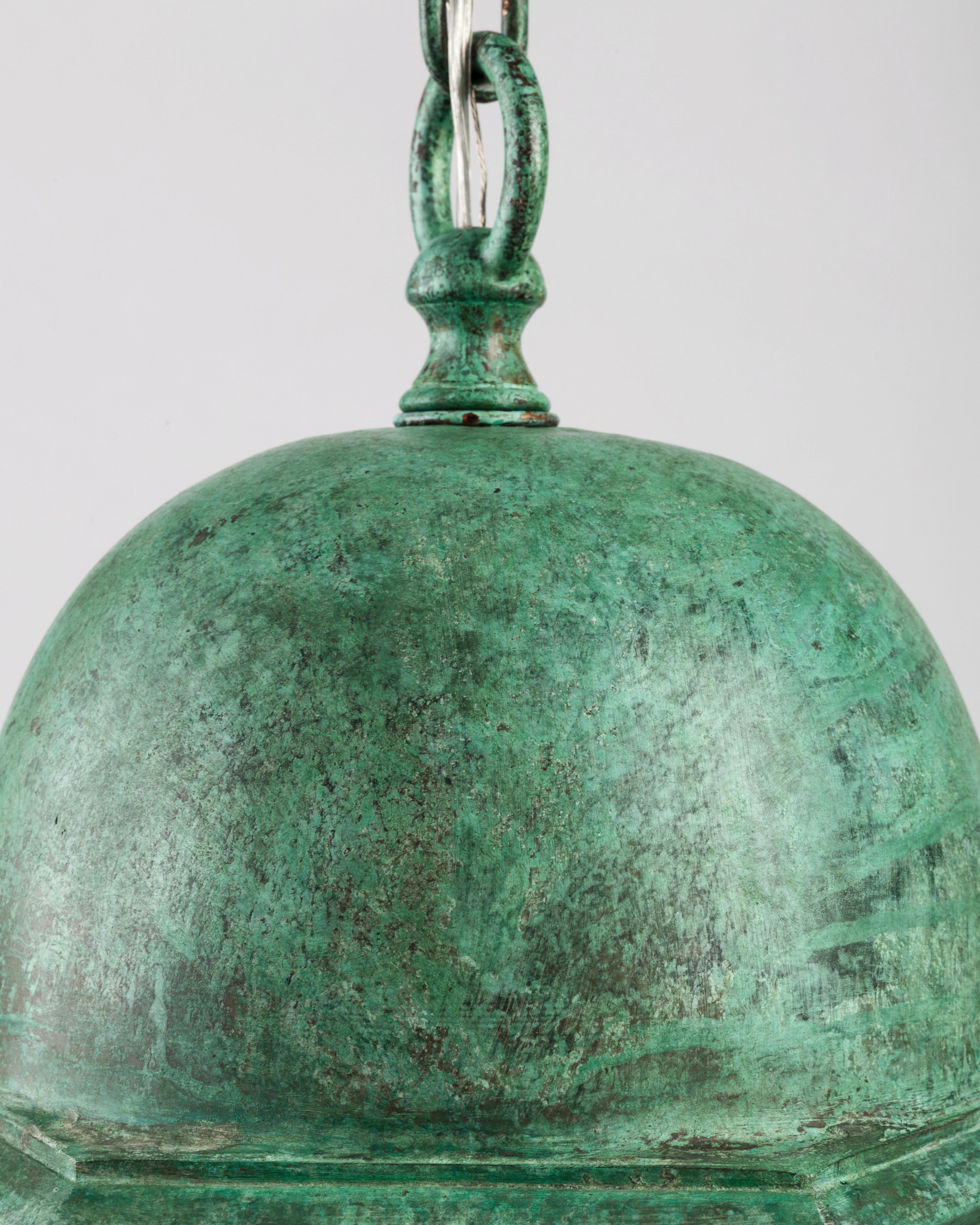 Brass Gothic Style Verdigris Copper Lantern with Clear Seeded Glass, Circa 1930s For Sale