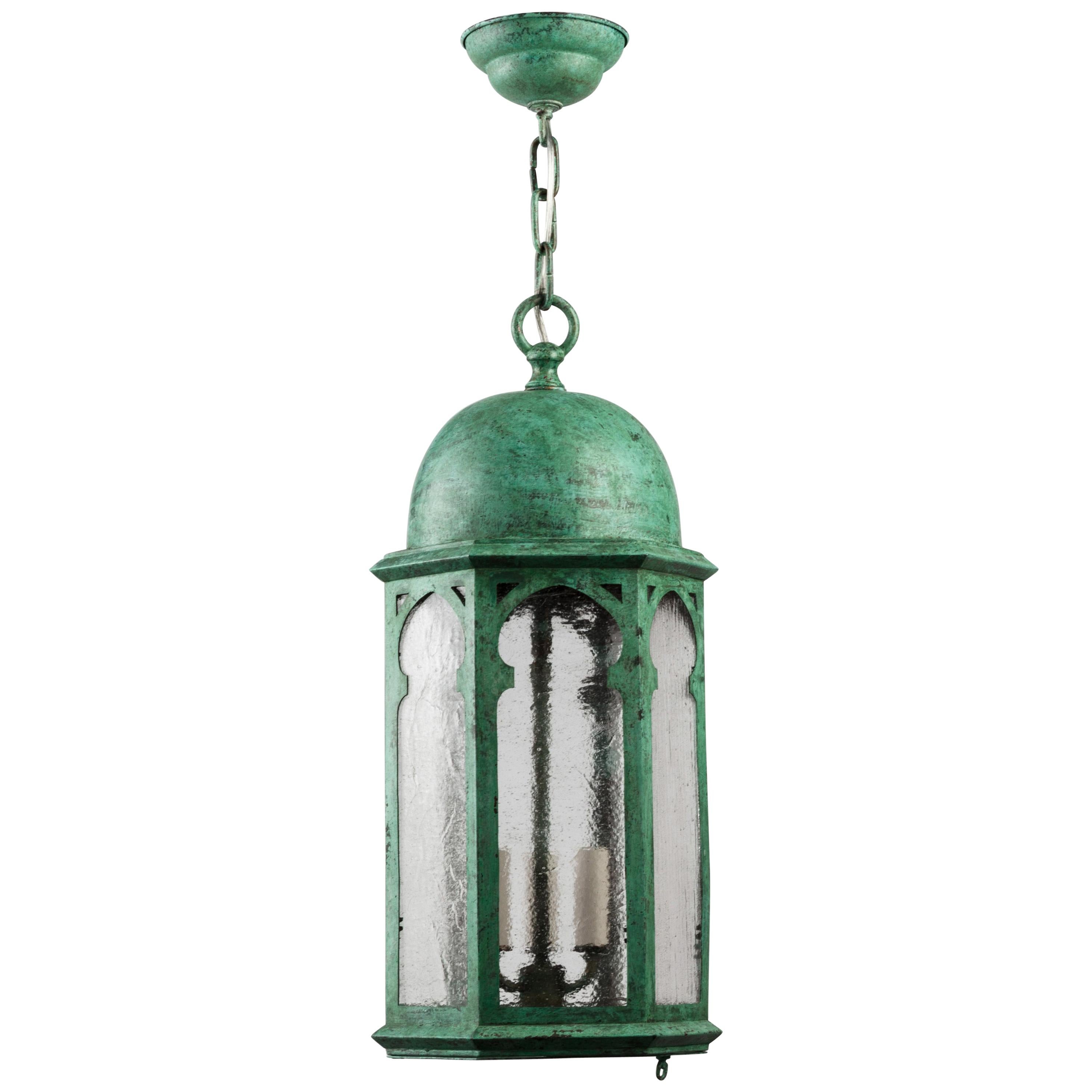 Gothic Style Verdigris Copper Lantern with Clear Seeded Glass, Circa 1930s