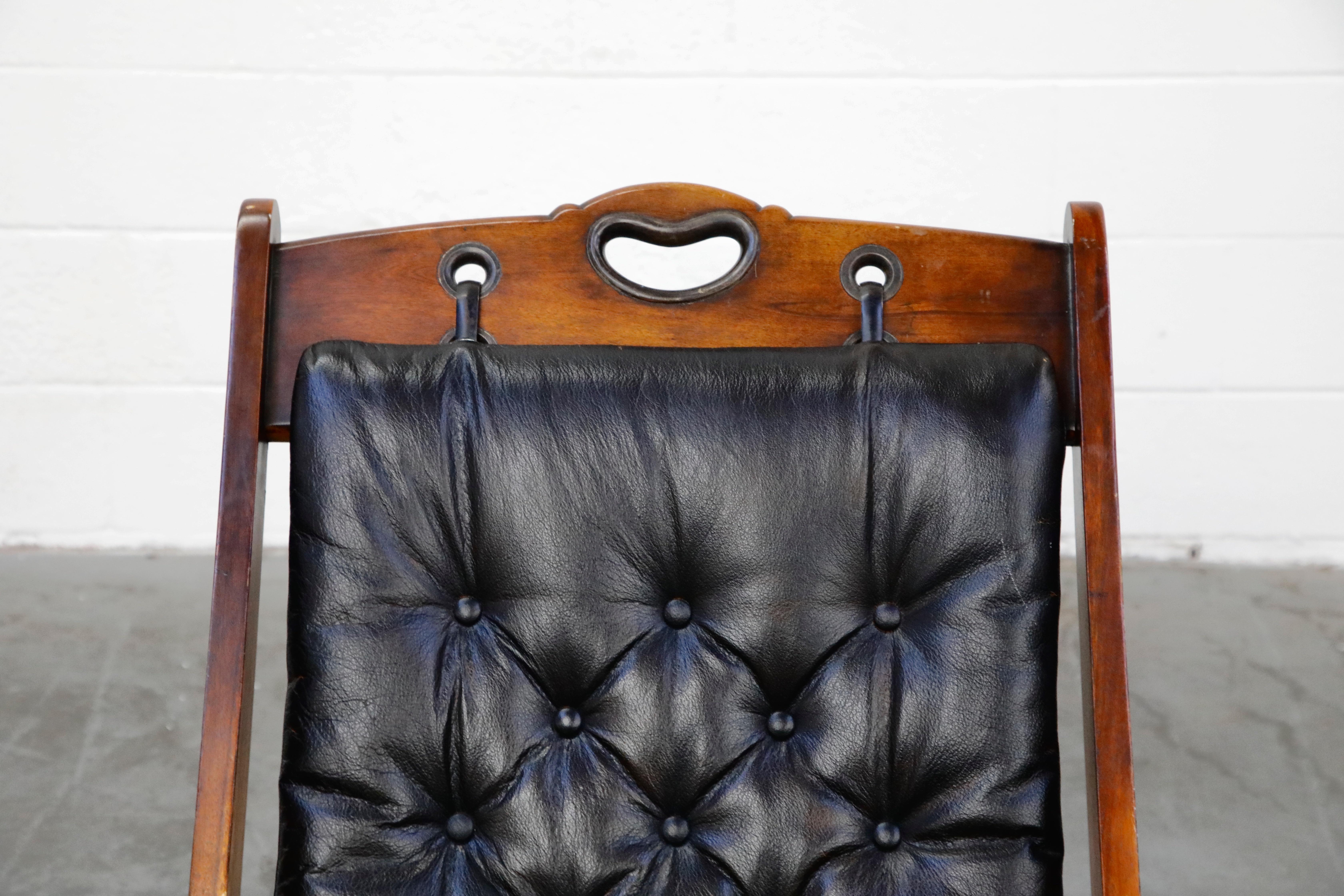 Antique Tufted Leather Folding Campaign Library Recliner Chair, circa 1900 5