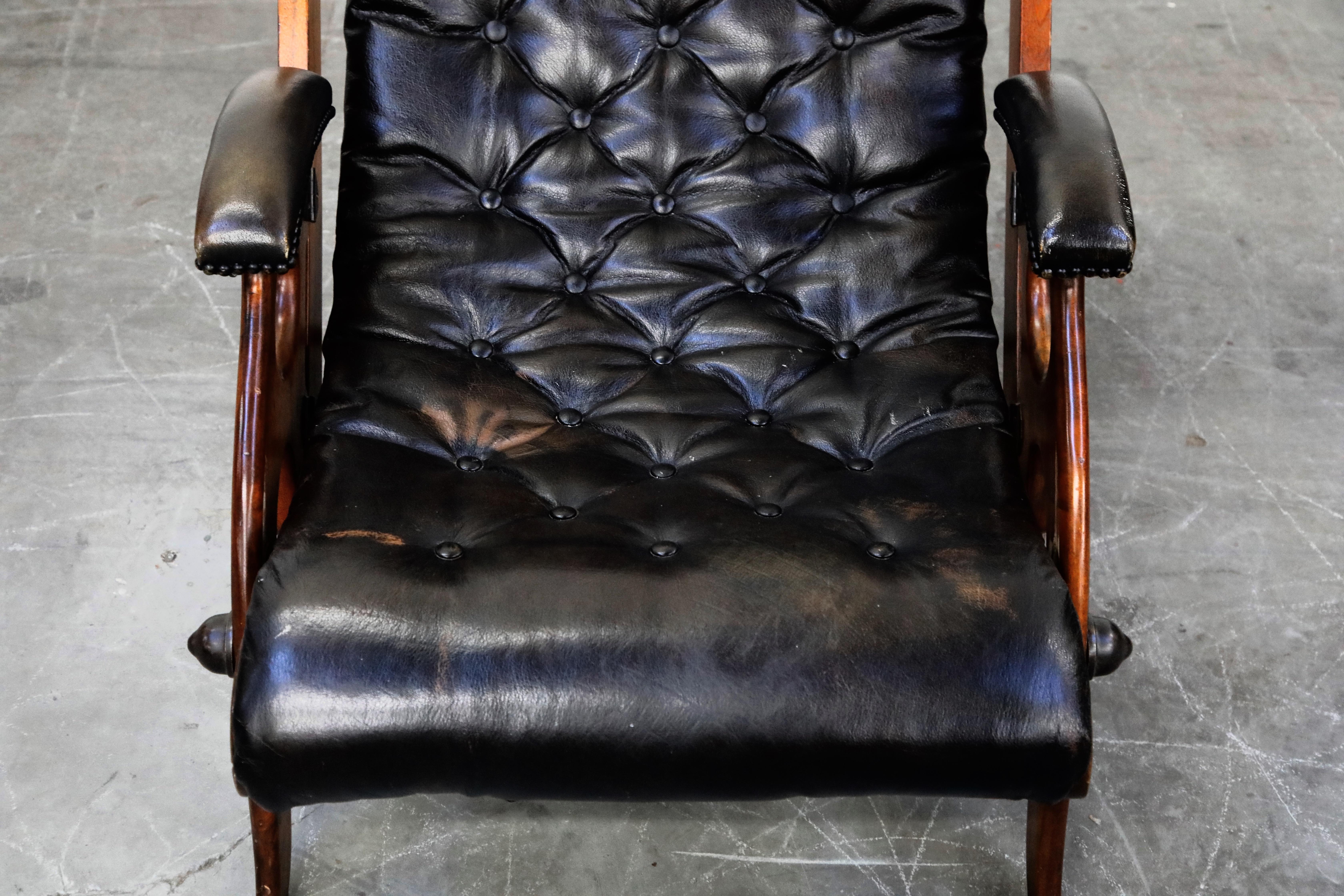 Antique Tufted Leather Folding Campaign Library Recliner Chair, circa 1900 6