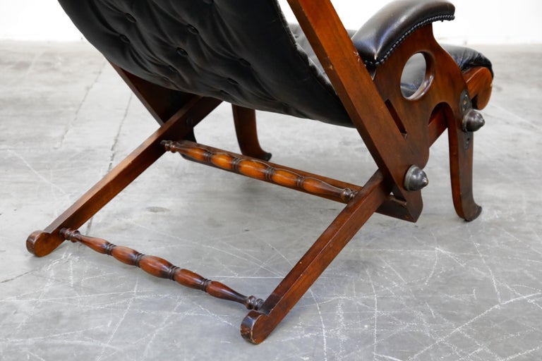 Antique Tufted Leather Folding Campaign Library Recliner Chair, circa