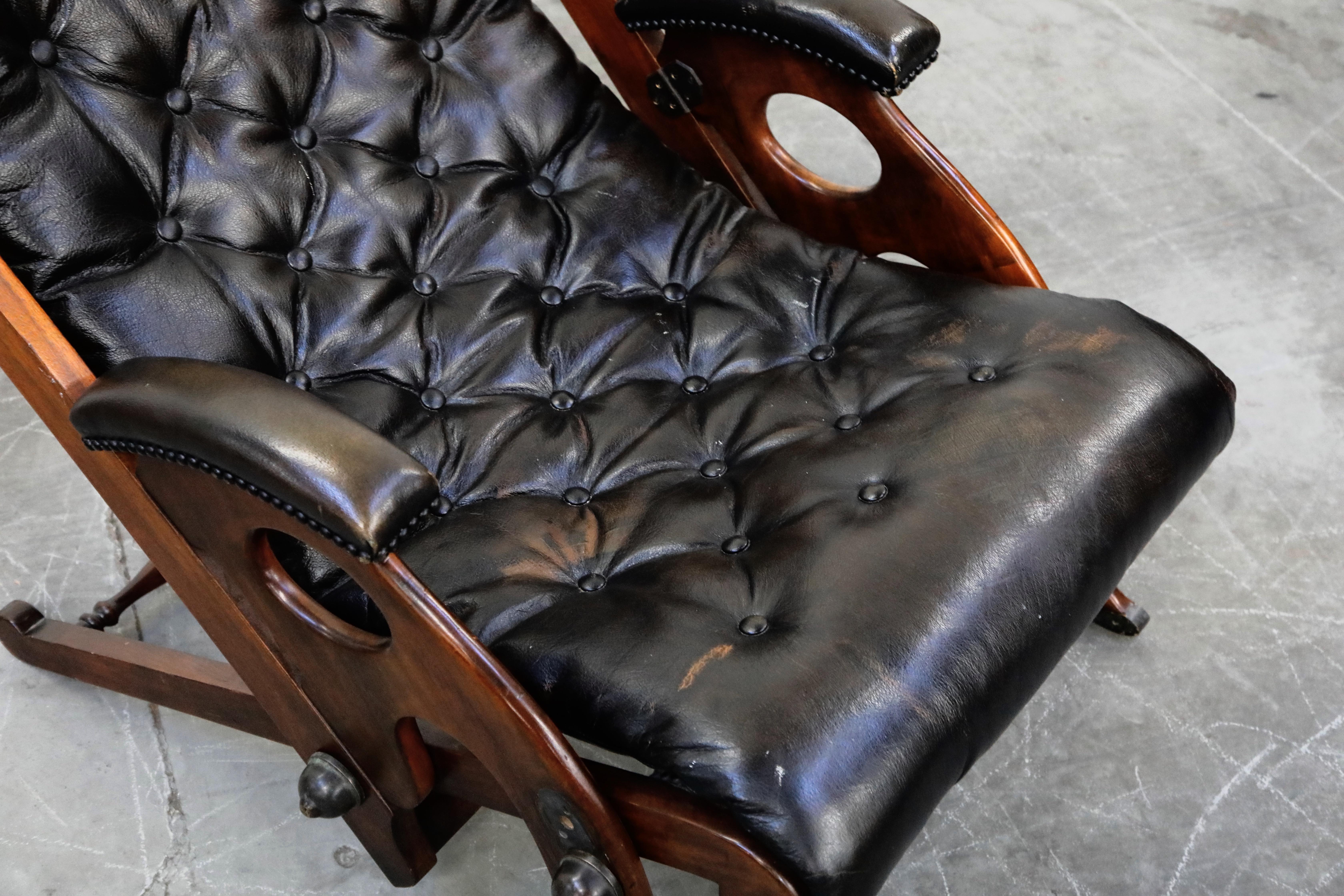 Antique Tufted Leather Folding Campaign Library Recliner Chair, circa 1900 10
