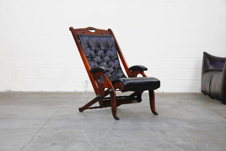 Antique Tufted Leather Folding Campaign Library Recliner Chair, circa