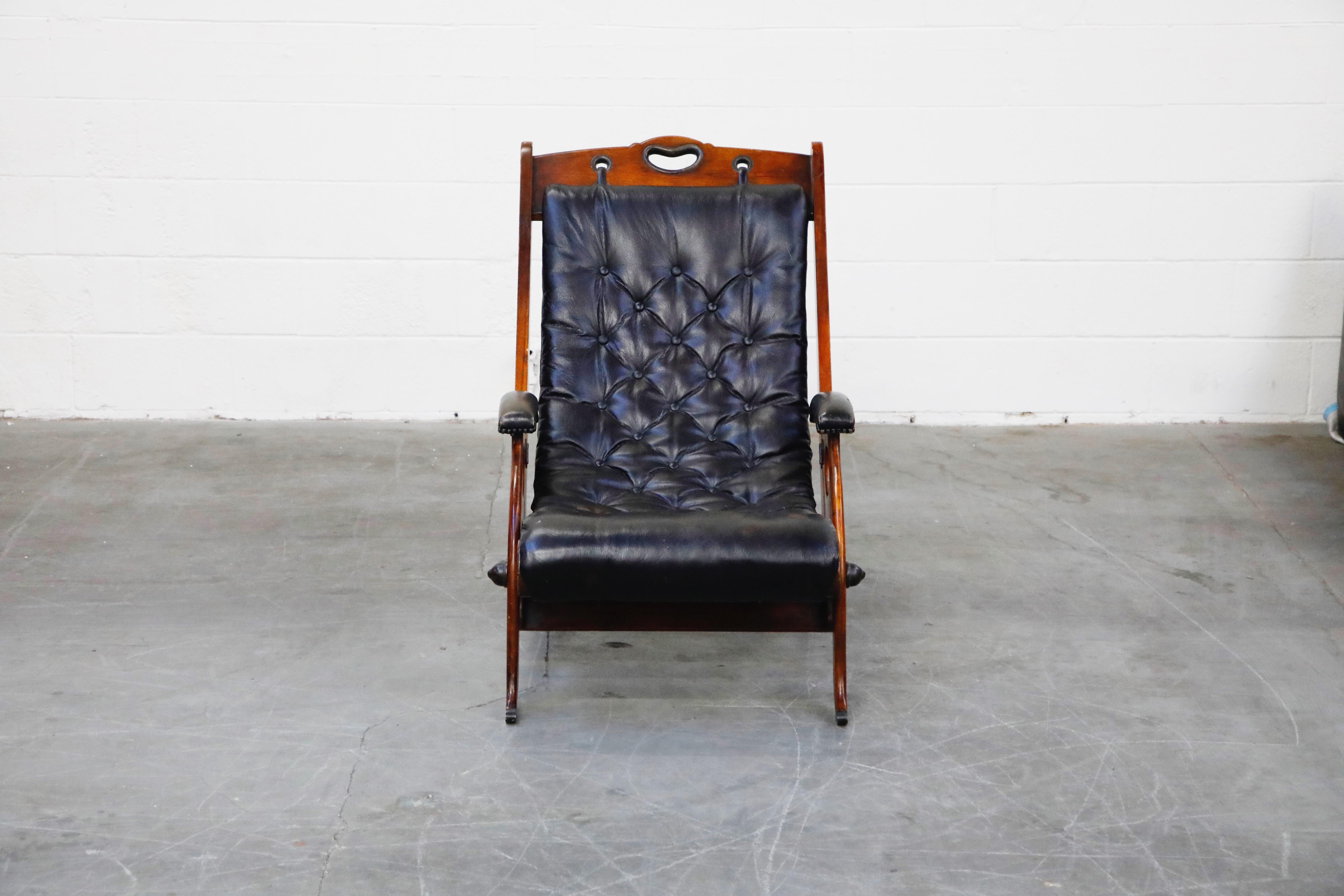 Early 20th Century Antique Tufted Leather Folding Campaign Library Recliner Chair, circa 1900