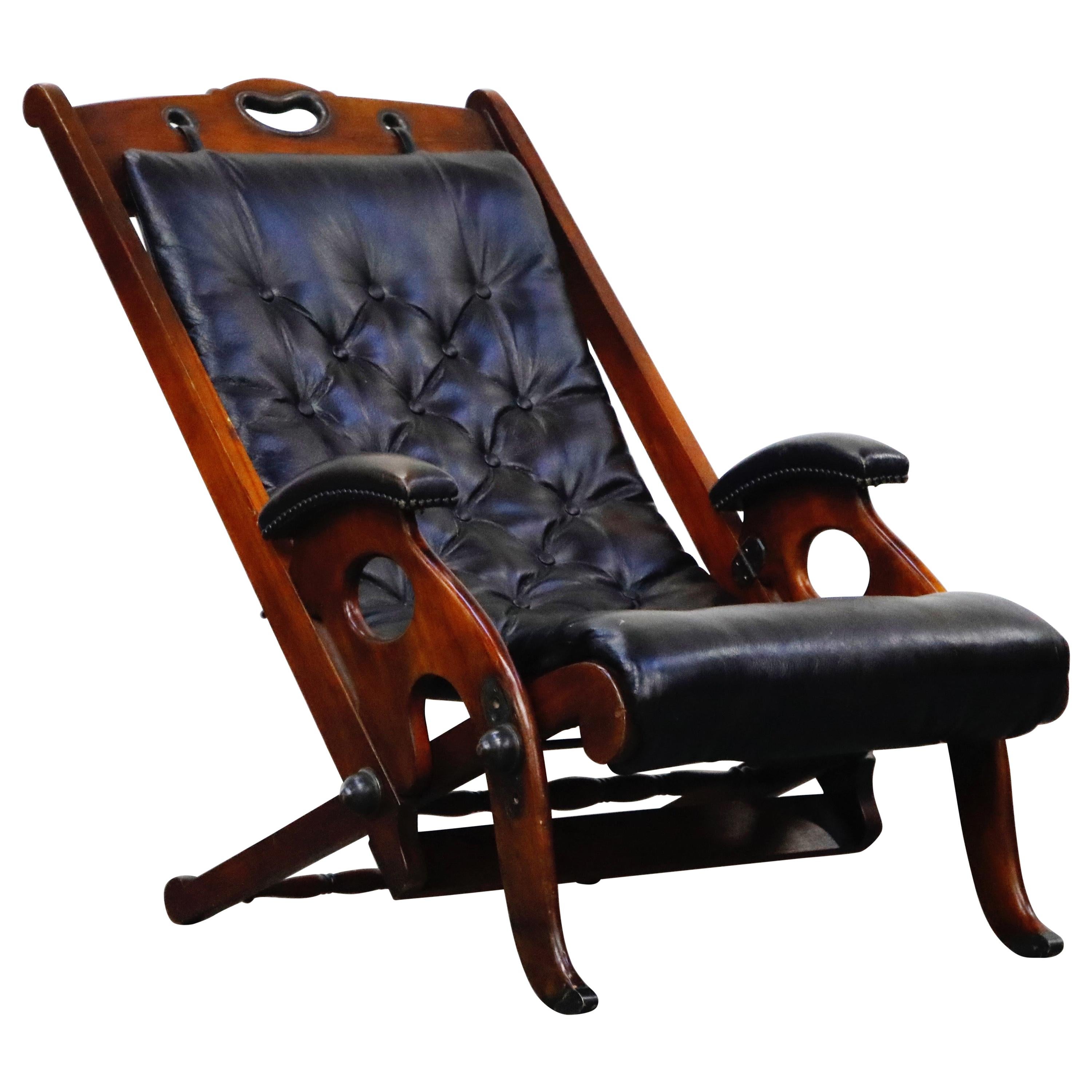 Antique Tufted Leather Folding Campaign Library Recliner Chair, circa 1900