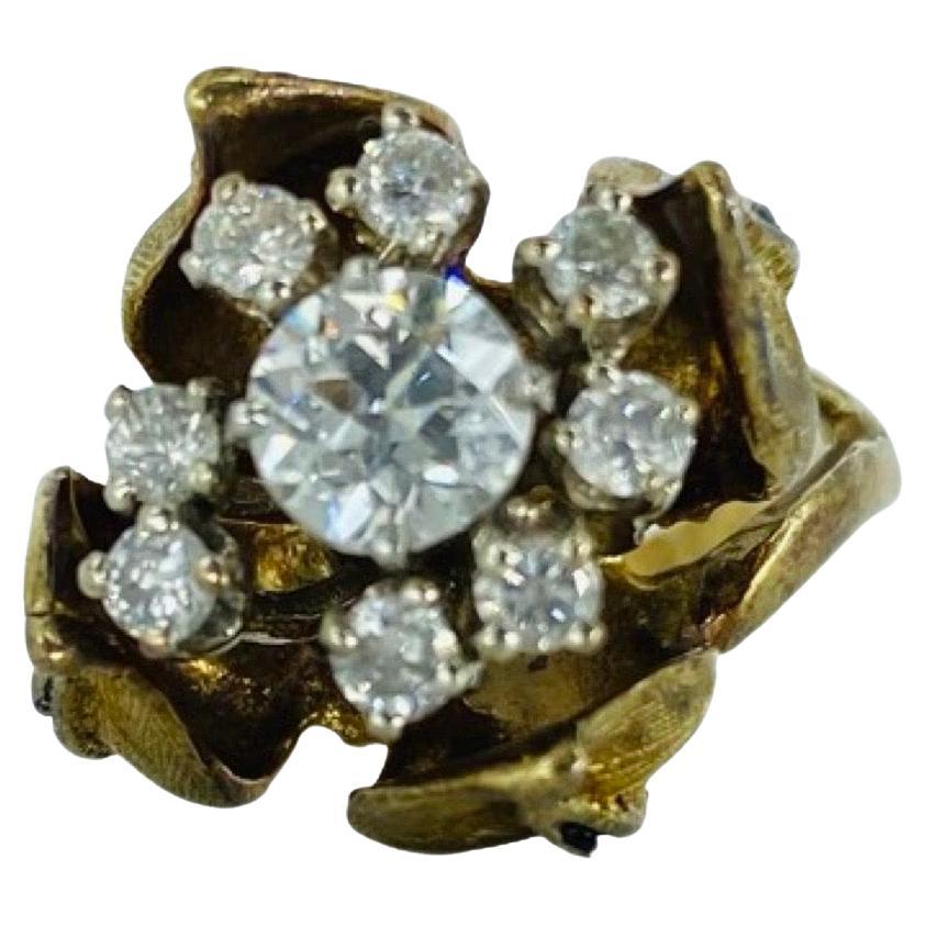 Antiker Tulpen-Emaille-Blumenring, Gesamtkaratgewicht 1,18 Karat, Altminen-Diamanten im Angebot