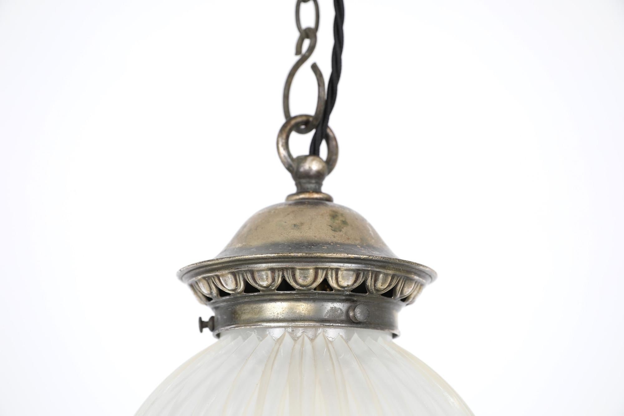 Brass Antique 'Tulip' Holophane Prismatic Glass Pendant Light. c.1920 For Sale