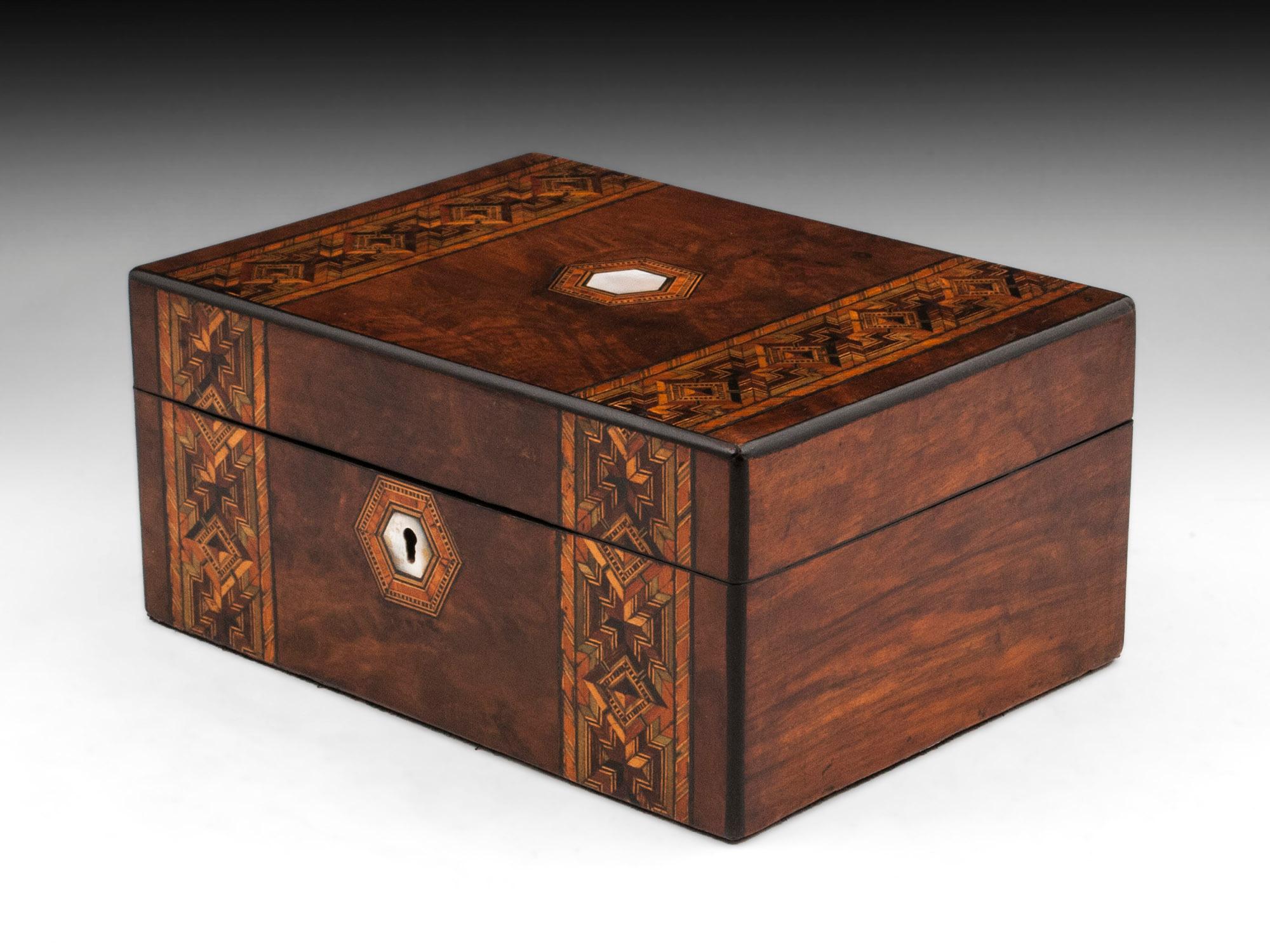 British Antique Tunbridge Style Figured Burr Walnut Velvet Lined Jewelry Box