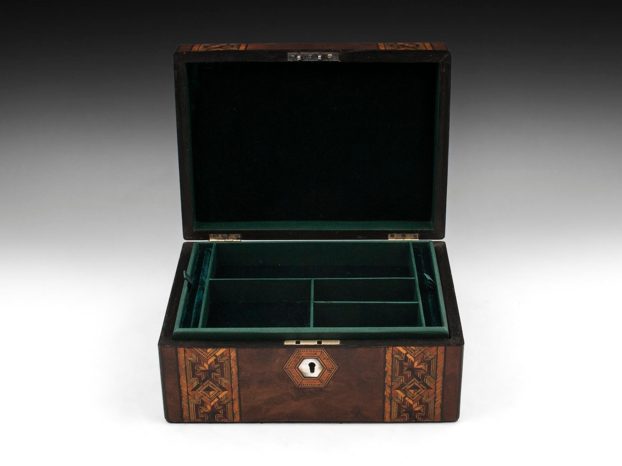 19th Century Antique Tunbridge Style Figured Burr Walnut Velvet Lined Jewelry Box
