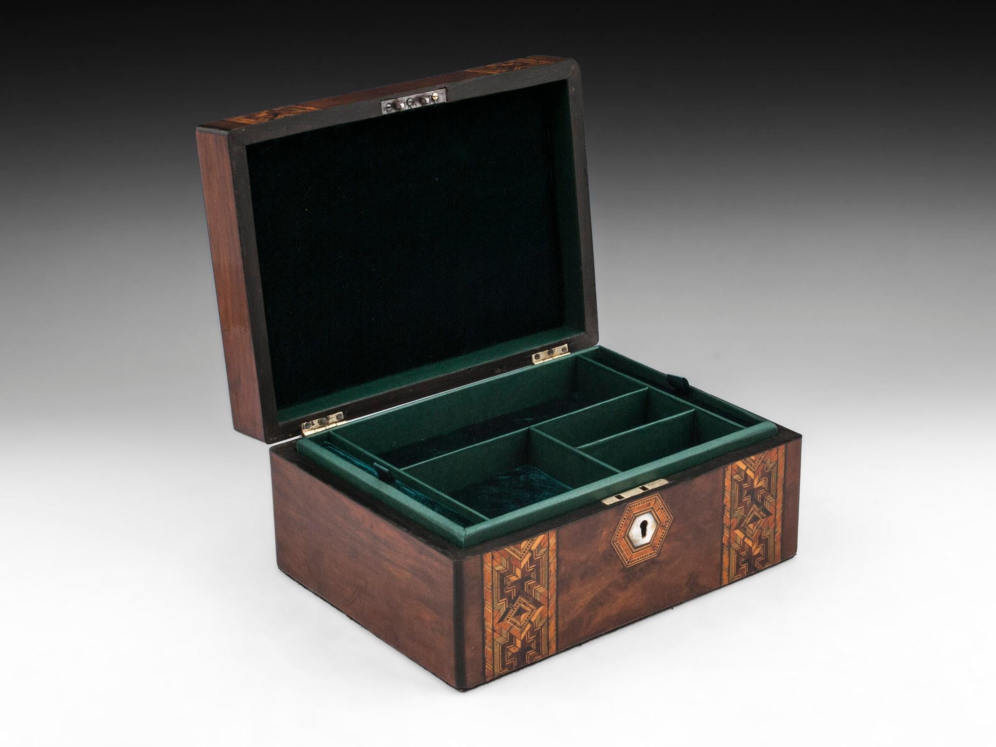 Antique Tunbridge Style Figured Burr Walnut Velvet Lined Jewelry Box 1