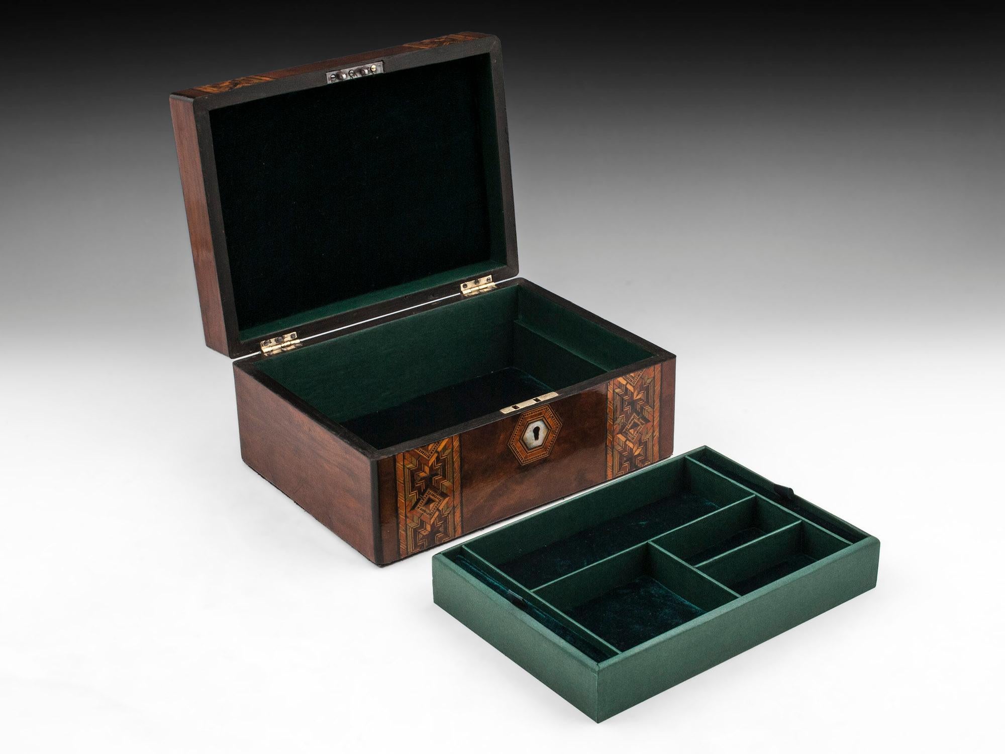Antique Tunbridge Style Figured Burr Walnut Velvet Lined Jewelry Box 2